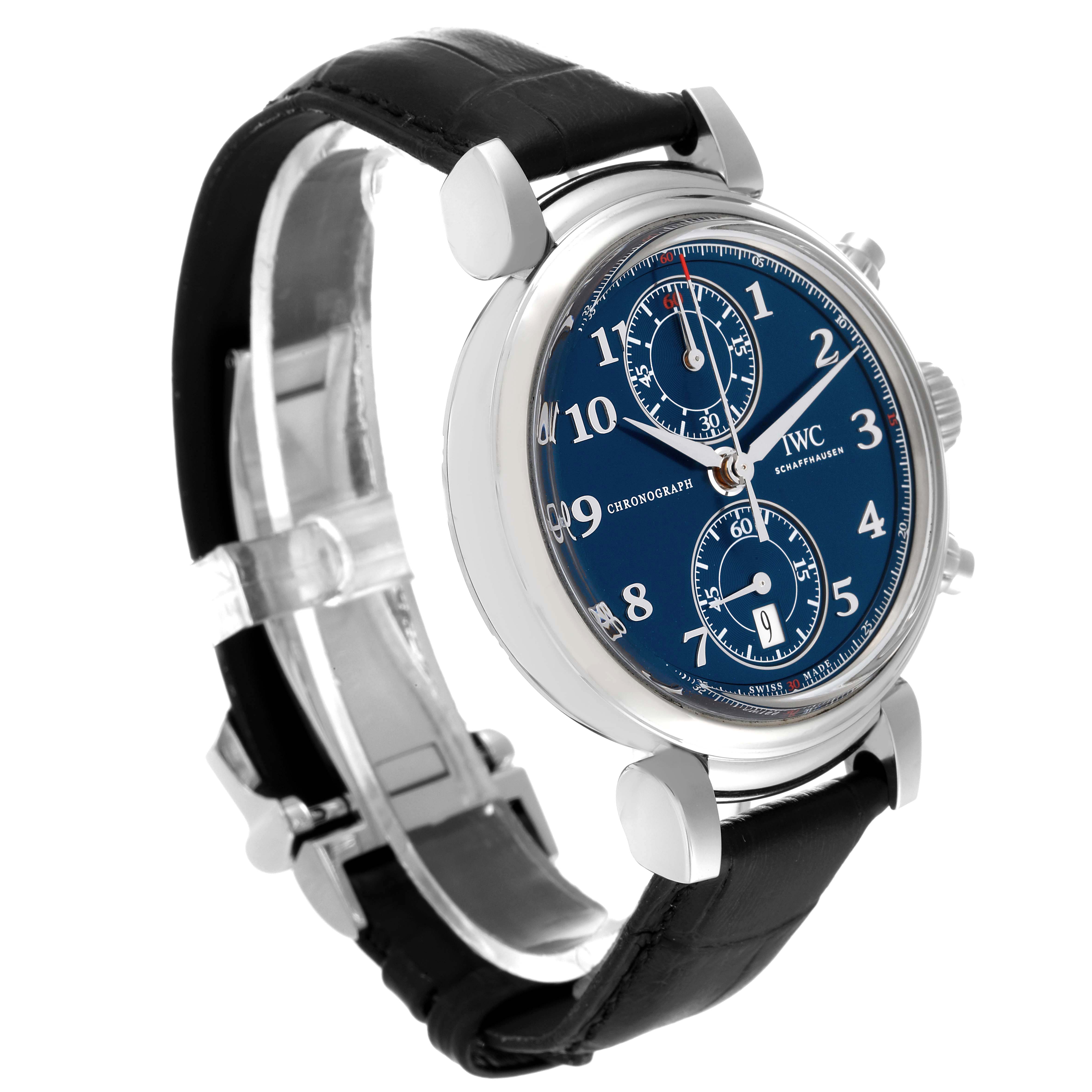 The IWC Da Vinci IW393402 Men's Stainless Steel Blue Dial IW393402 Men's Stainless Steel Blue Dial watch is shown at a three-quarter angle, highlighting the blue dial, stainless steel case, and leather strap.