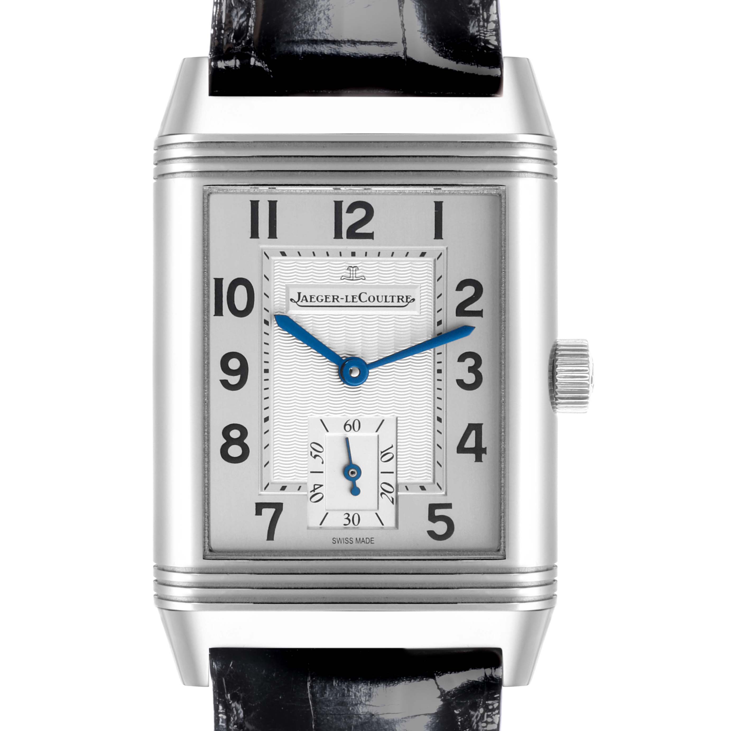 The image shows a front view of a Jaeger LeCoultre Reverso Q3858520 Men's Stainless Steel Silver Dial Q3858520 Men's Stainless Steel Silver Dial watch, highlighting its face, crown, and strap.