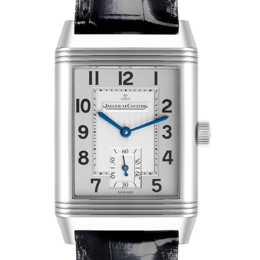 The image shows a front view of a Jaeger LeCoultre Reverso watch, highlighting its face, crown, and strap.