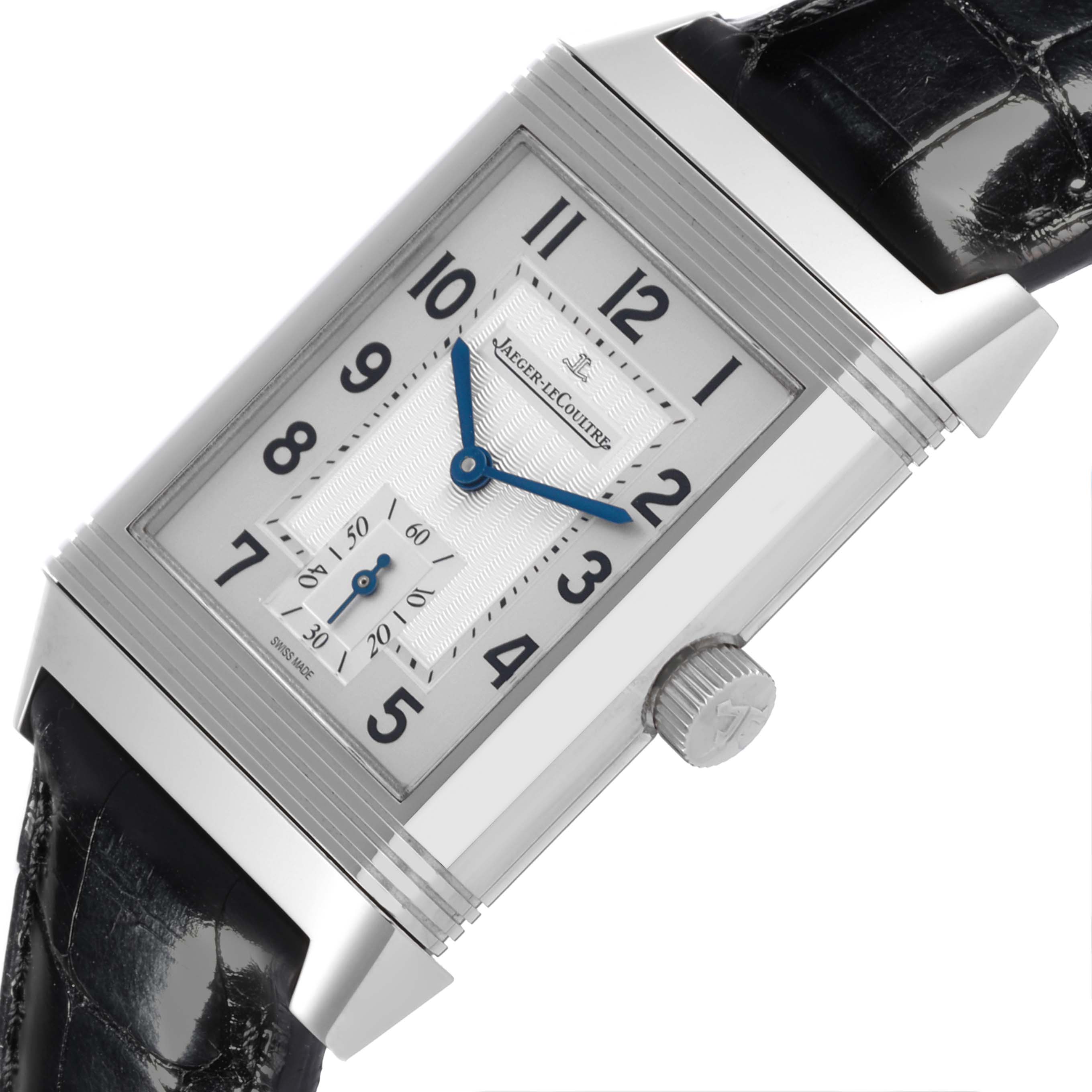 The Jaeger-LeCoultre Reverso watch is shown from a side angle, highlighting the face, crown, and part of the strap.