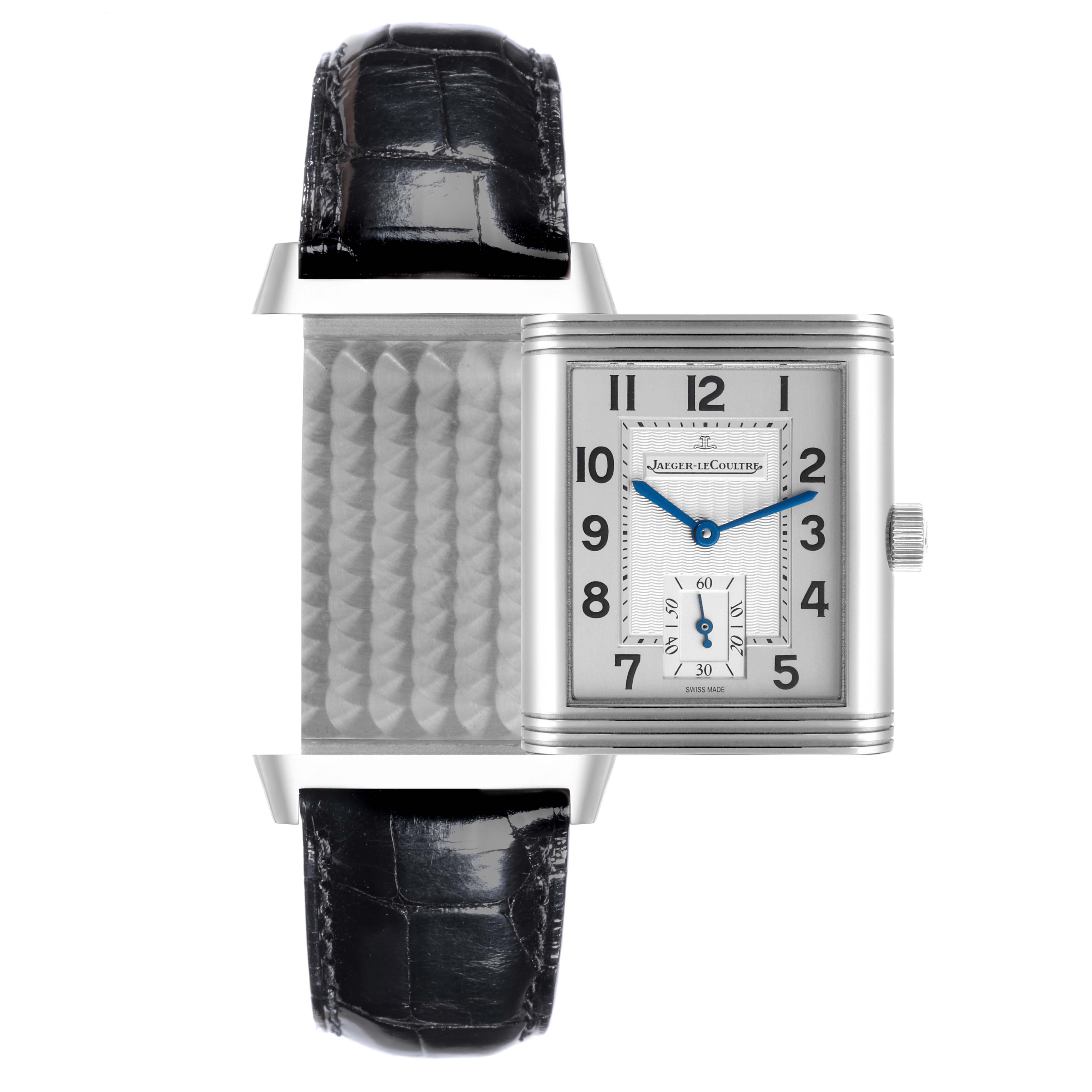 The Jaeger LeCoultre Reverso Q3858520 Men's Stainless Steel Silver Dial Q3858520 Men's Stainless Steel Silver Dial watch is shown from the front with the face flipped to reveal the engraved case back.