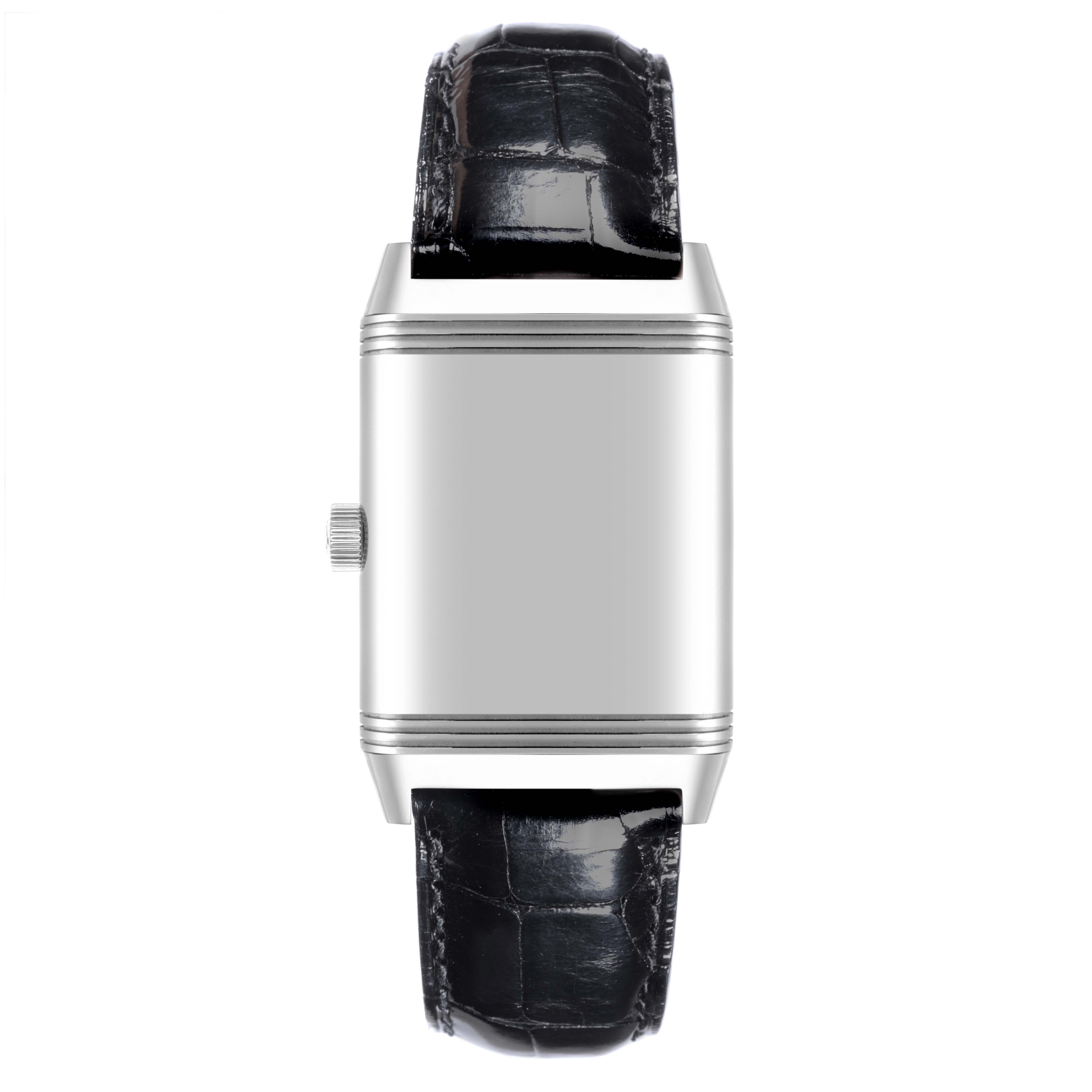 The Jaeger-LeCoultre Reverso watch is shown from the front, displaying its rectangular case and leather strap.