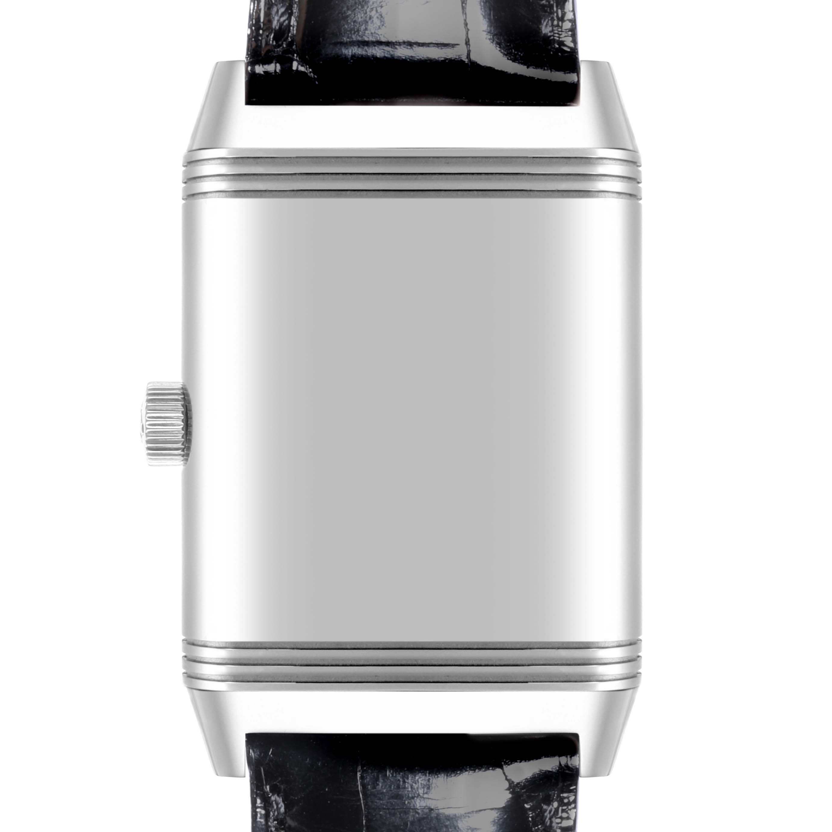The image shows a frontal view of the Jaeger-LeCoultre Reverso model watch, highlighting its rectangular case and crown.