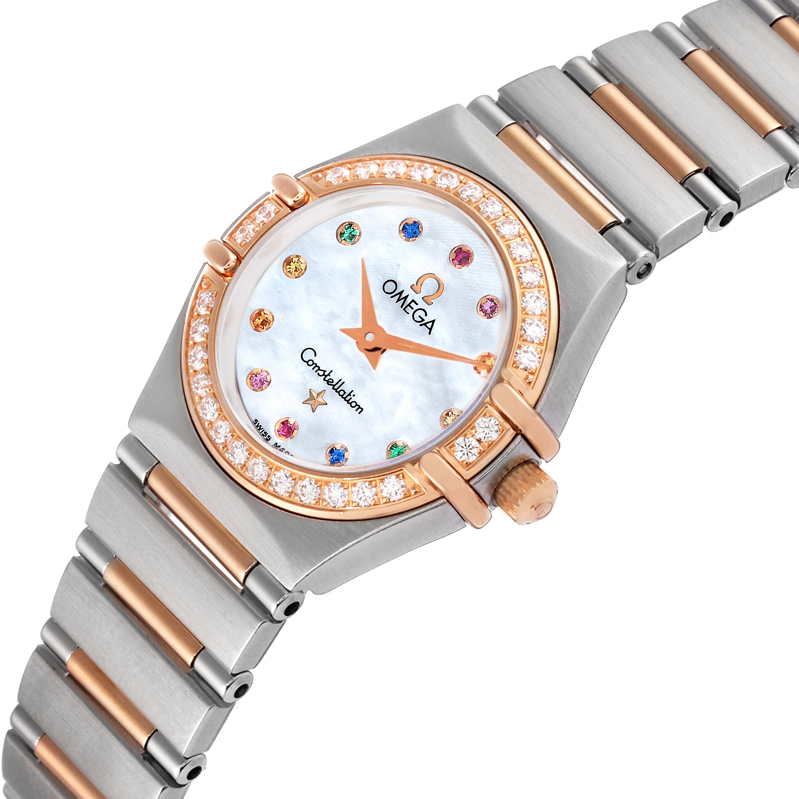 The image shows an angled view of the Omega 1360.79.00 Women's Steel and Gold (two tone) Mother of Pearl Dial 1360.79.00 Women's Steel and Gold (two tone) Mother of Pearl Dial Constellation Iris Steel Rose Gold MOP Diamond 1360.79.00 watch, highlighting its face and bracelet.