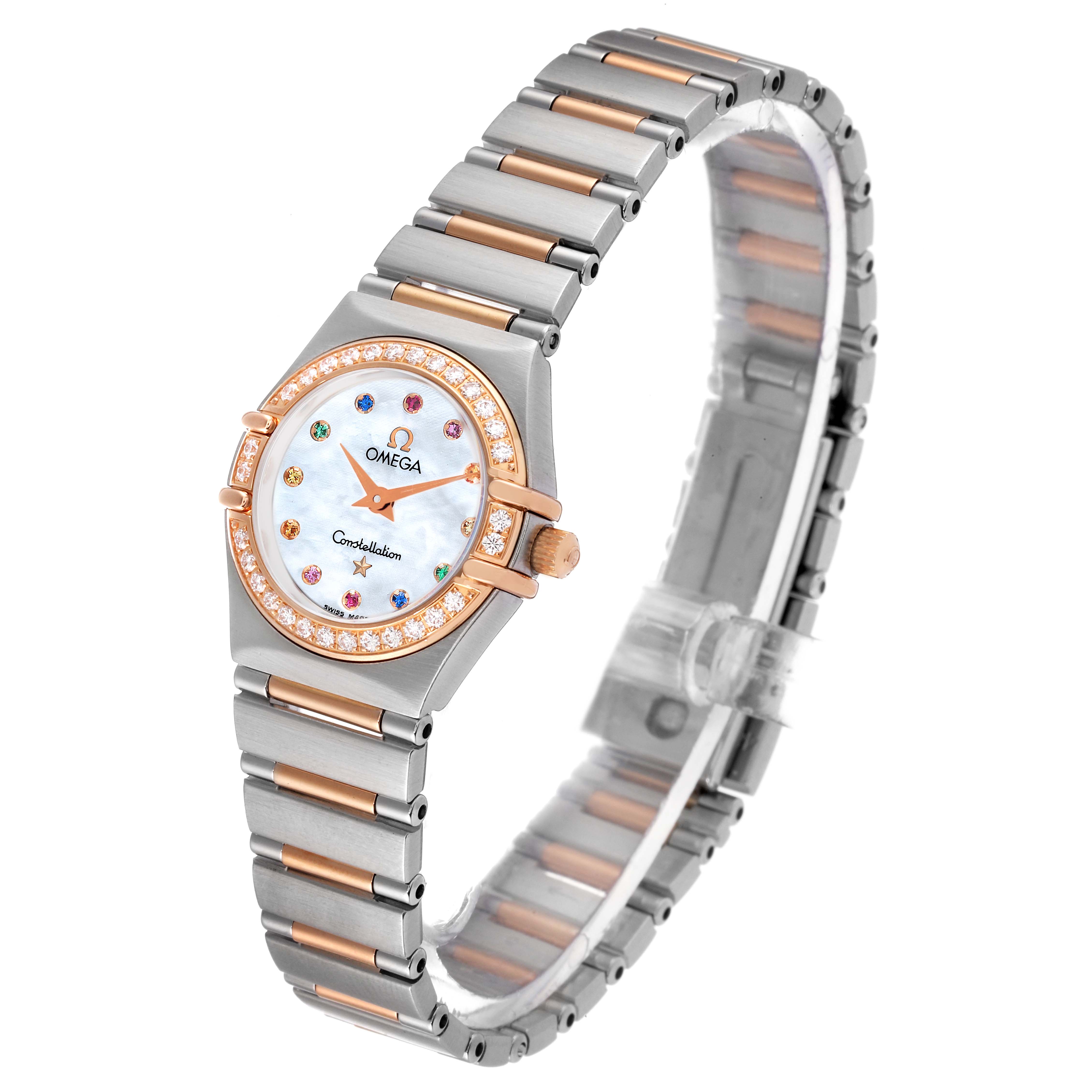 This image shows an angled view of the Omega 1360.79.00 Women's Steel and Gold (two tone) Mother of Pearl Dial 1360.79.00 Women's Steel and Gold (two tone) Mother of Pearl Dial Constellation Iris Steel Rose Gold MOP Diamond Ladies Watch 1360.79.00, displaying both the face and band.