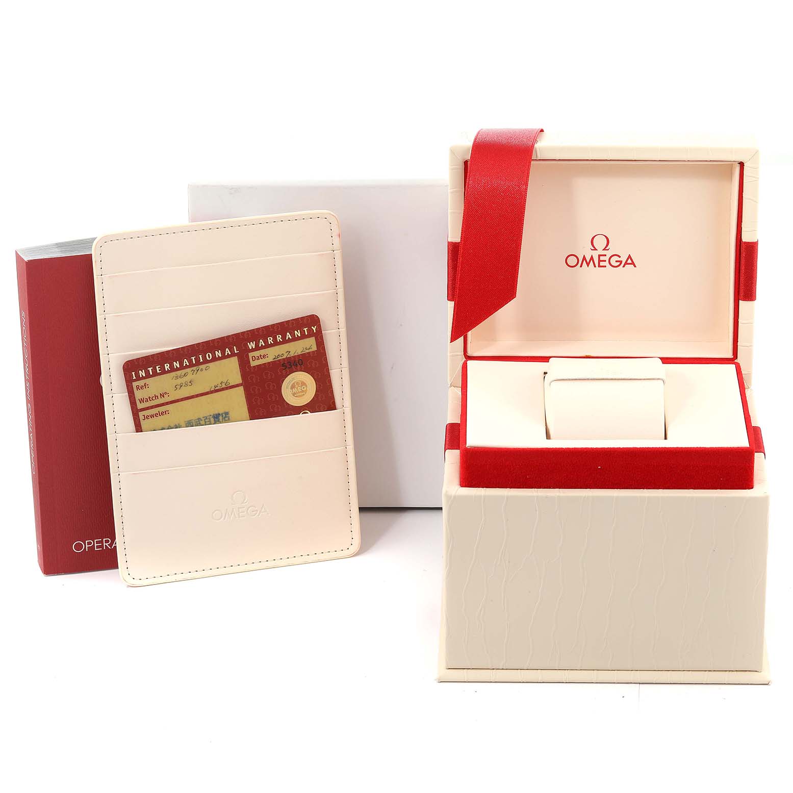The image shows the box, international warranty card, and cardholder for the Omega 1360.79.00 Women's Steel and Gold (two tone) Mother of Pearl Dial 1360.79.00 Women's Steel and Gold (two tone) Mother of Pearl Dial Constellation Iris Steel Rose Gold MOP Diamond Ladies Watch 1360.79.00.