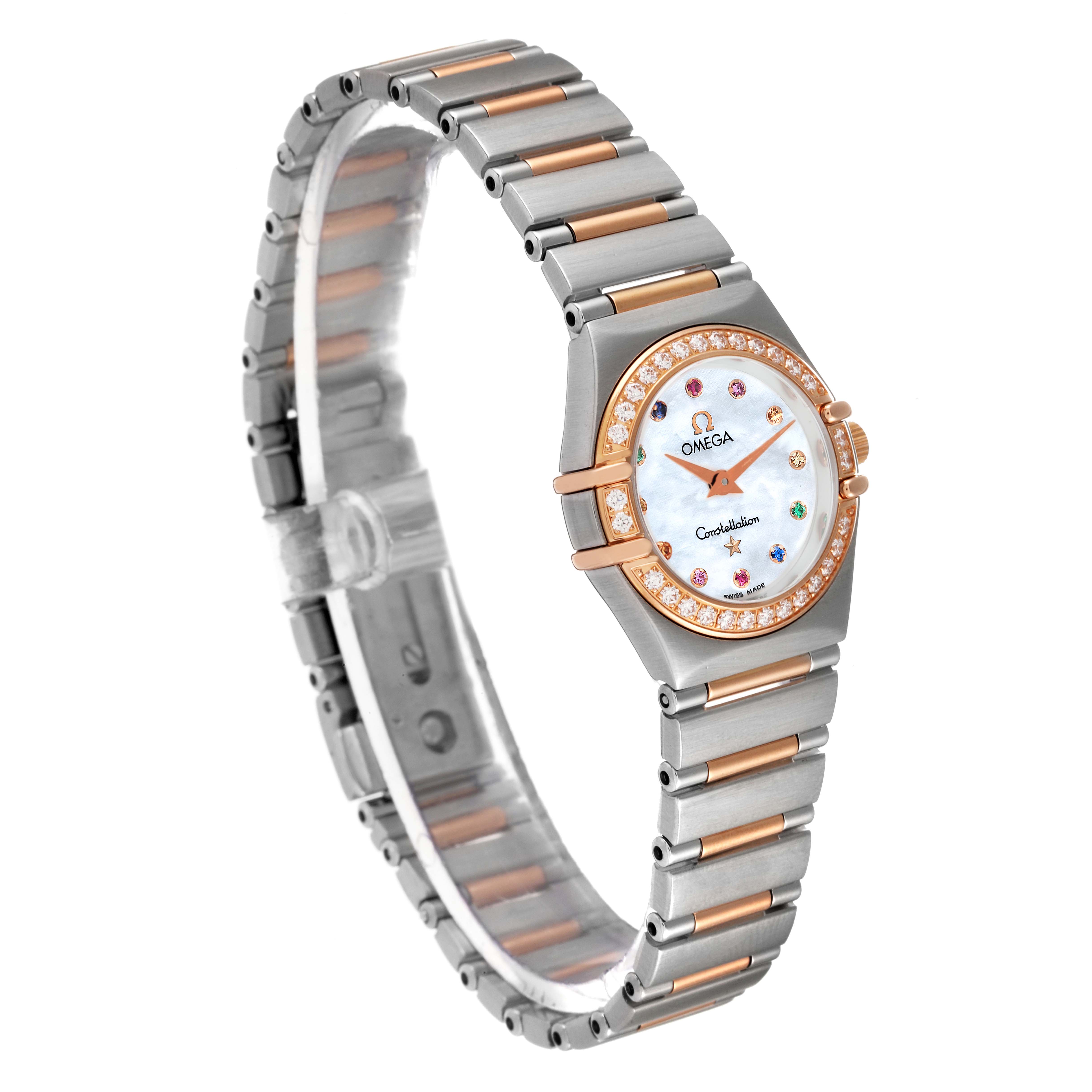 The image shows a side angle view of the Omega 1360.79.00 Women's Steel and Gold (two tone) Mother of Pearl Dial 1360.79.00 Women's Steel and Gold (two tone) Mother of Pearl Dial Constellation Iris Steel Rose Gold MOP Diamond Ladies Watch 1360.79.00, highlighting the bracelet and dial.