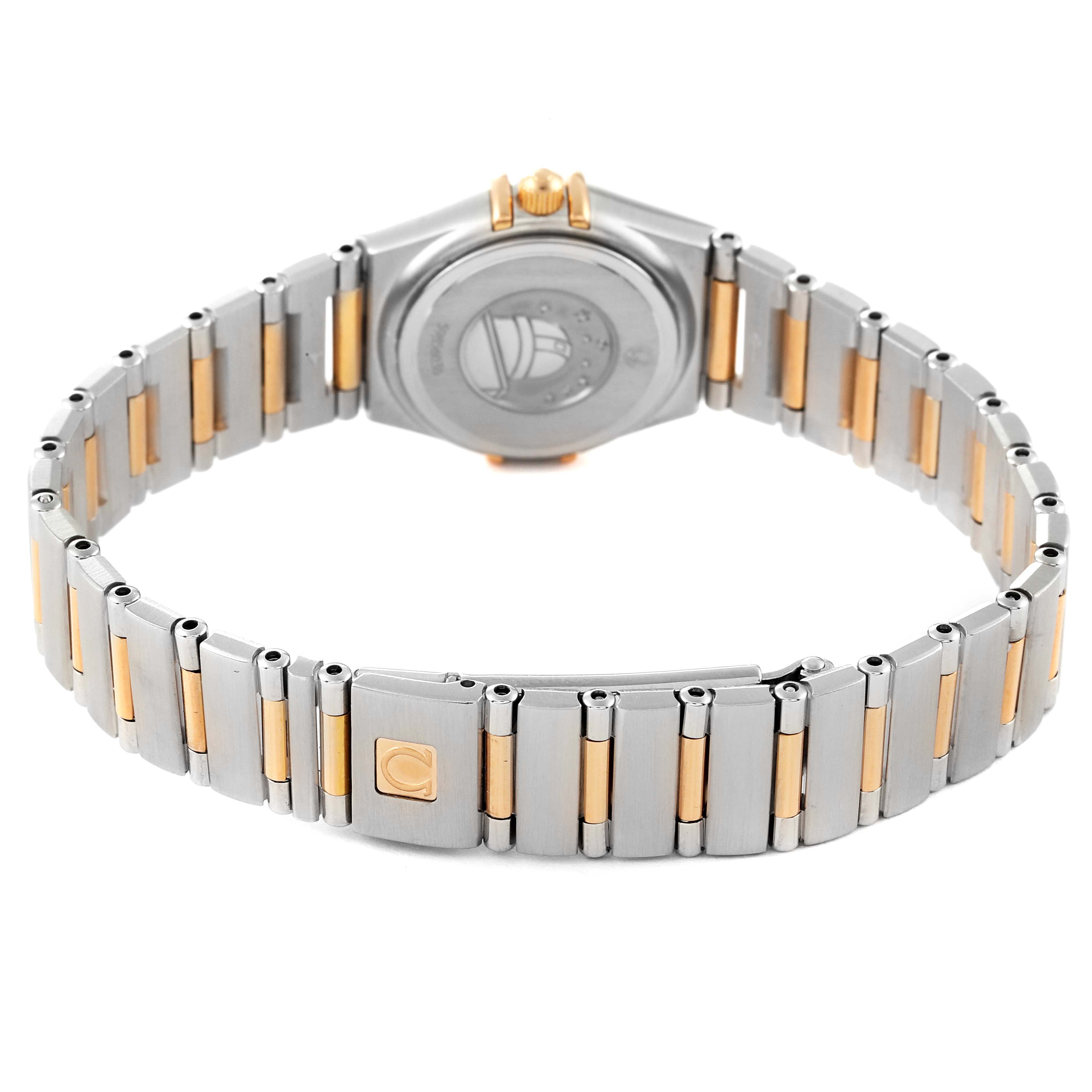 The image shows the back view of the Omega 1360.79.00 Women's Steel and Gold (two tone) Mother of Pearl Dial 1360.79.00 Women's Steel and Gold (two tone) Mother of Pearl Dial Constellation Iris Steel Rose Gold MOP Diamond Ladies Watch 1360.79.00, highlighting the bracelet and clasp.