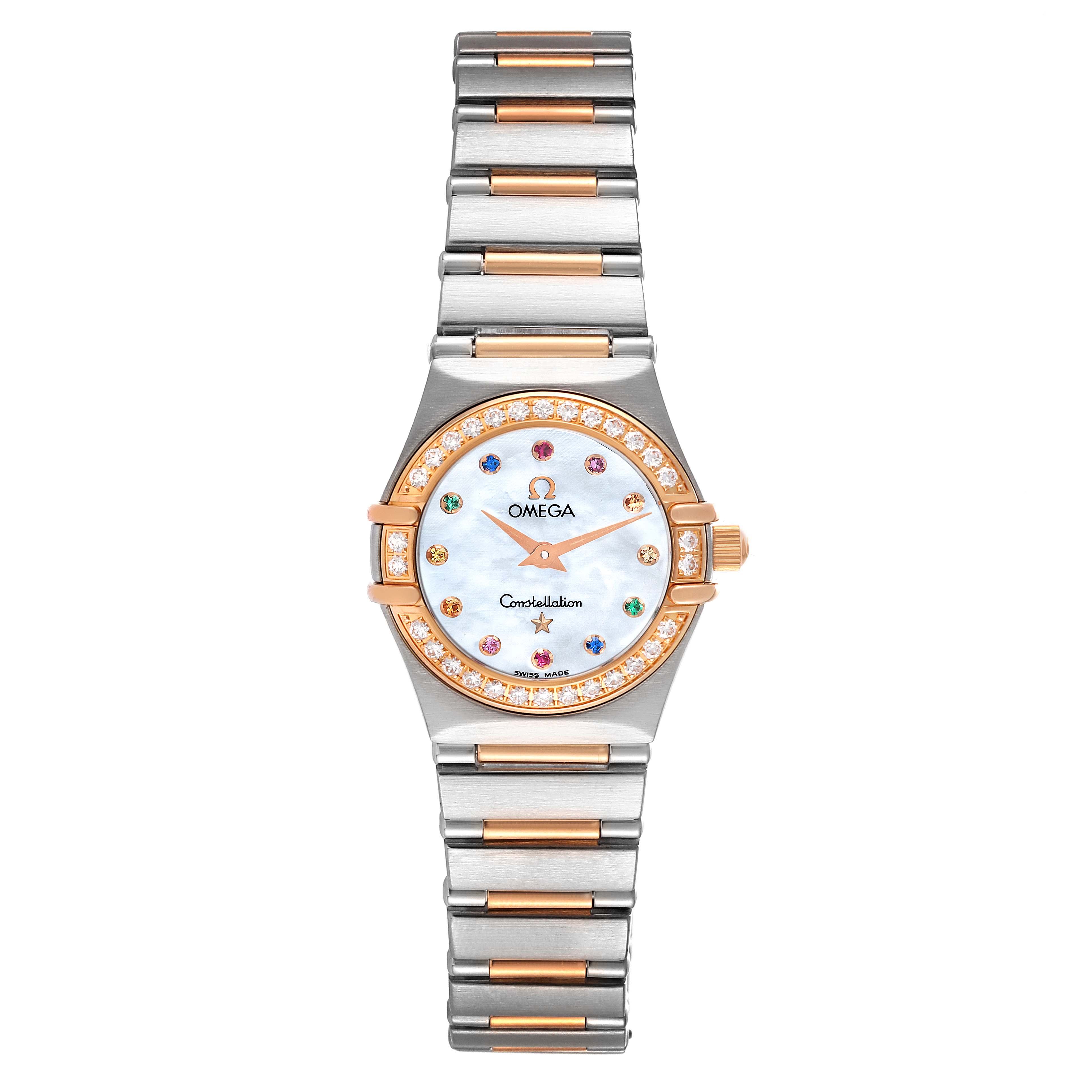 The image shows a frontal view of the Omega 1360.79.00 Women's Steel and Gold (two tone) Mother of Pearl Dial 1360.79.00 Women's Steel and Gold (two tone) Mother of Pearl Dial Constellation Iris Steel Rose Gold MOP Diamond Ladies Watch 1360.79.00.