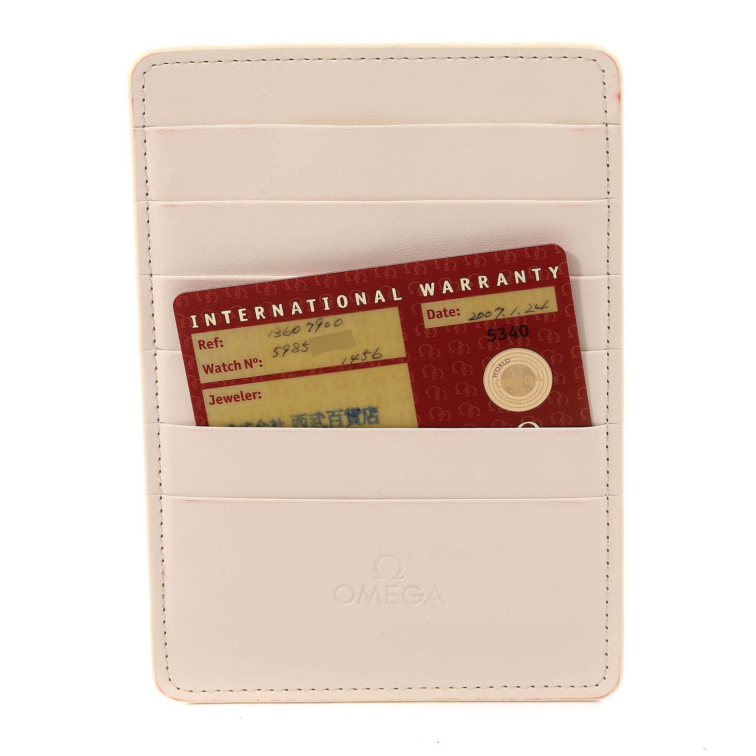 The image shows the warranty card and cardholder for the Omega 1360.79.00 Women's Steel and Gold (two tone) Mother of Pearl Dial 1360.79.00 Women's Steel and Gold (two tone) Mother of Pearl Dial Constellation Iris Steel Rose Gold MOP Diamond Ladies Watch 1360.79.00.