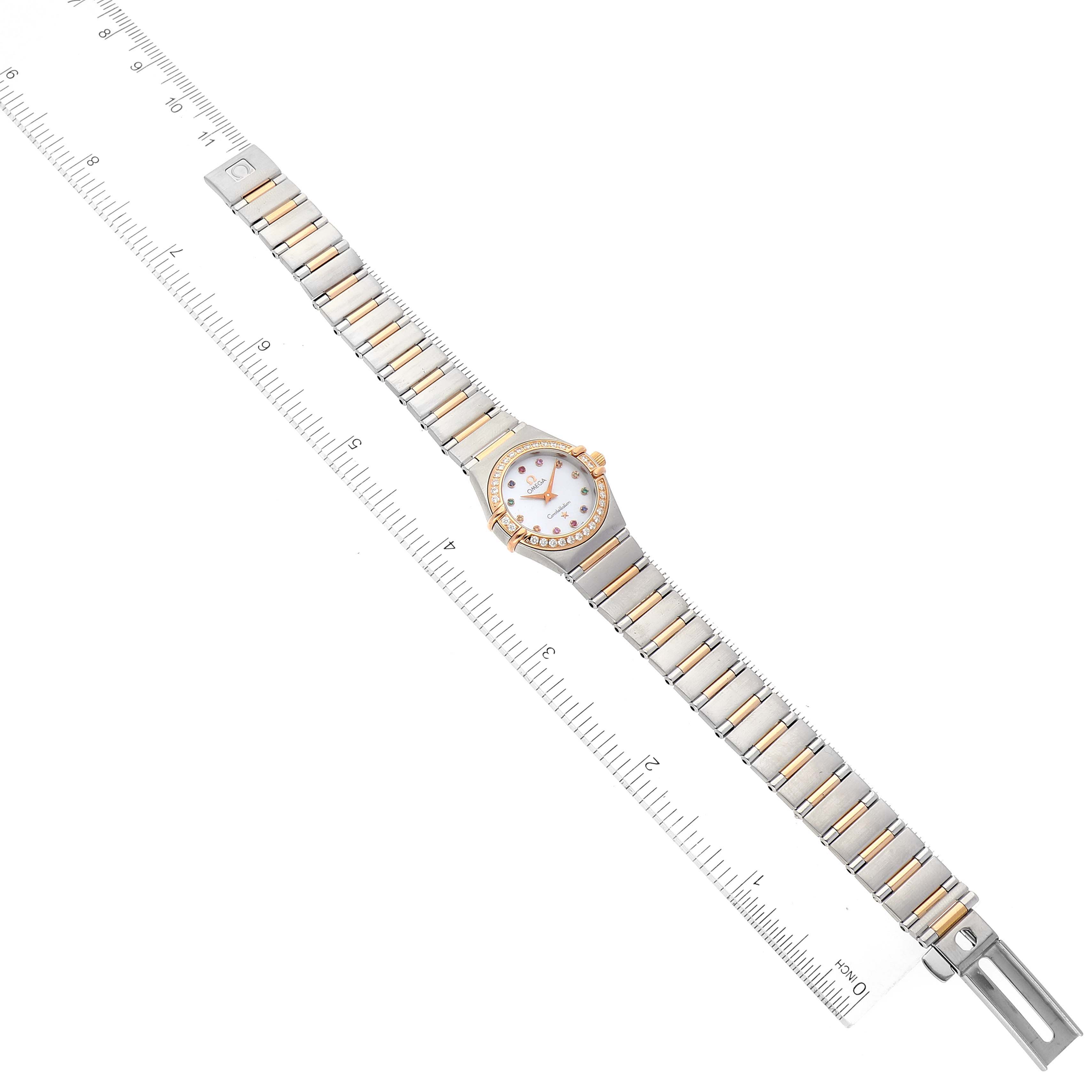 The image shows the front angle of the Omega 1360.79.00 Women's Steel and Gold (two tone) Mother of Pearl Dial 1360.79.00 Women's Steel and Gold (two tone) Mother of Pearl Dial Constellation Iris Steel Rose Gold MOP Diamond Ladies Watch 1360.79.00 with its full band and clasp extended.