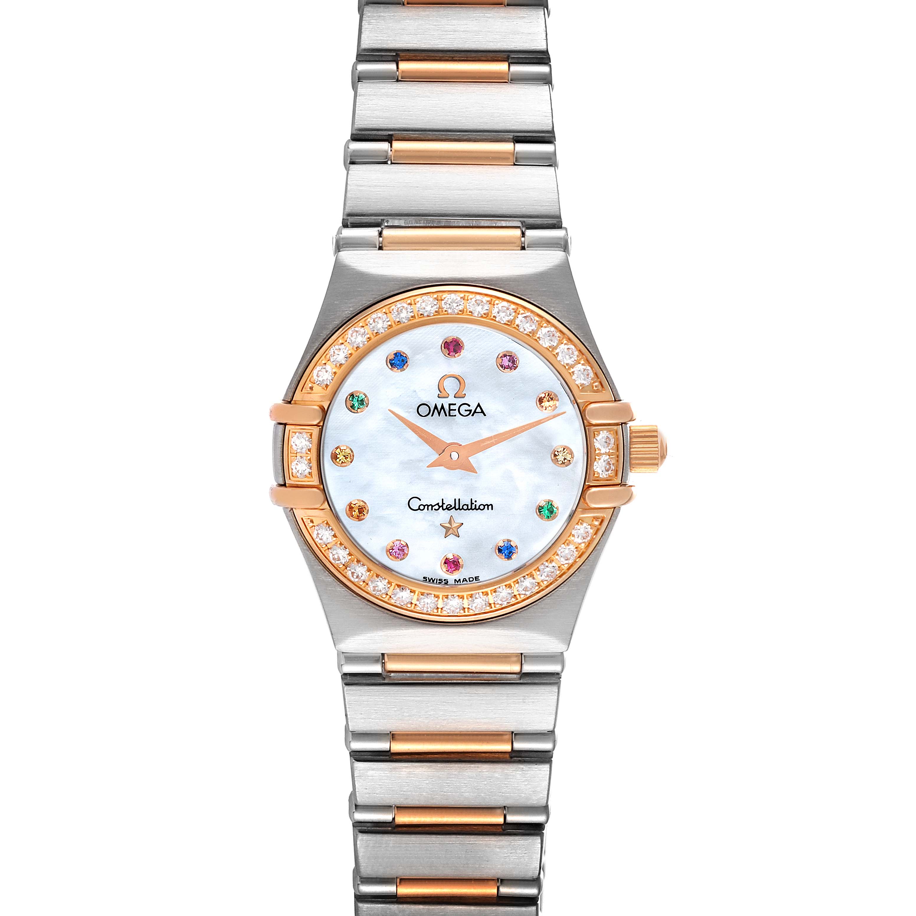 The image shows a front view of the Omega 1360.79.00 Women's Steel and Gold (two tone) Mother of Pearl Dial 1360.79.00 Women's Steel and Gold (two tone) Mother of Pearl Dial Constellation Iris Steel Rose Gold MOP Diamond Ladies Watch 1360.79.00.