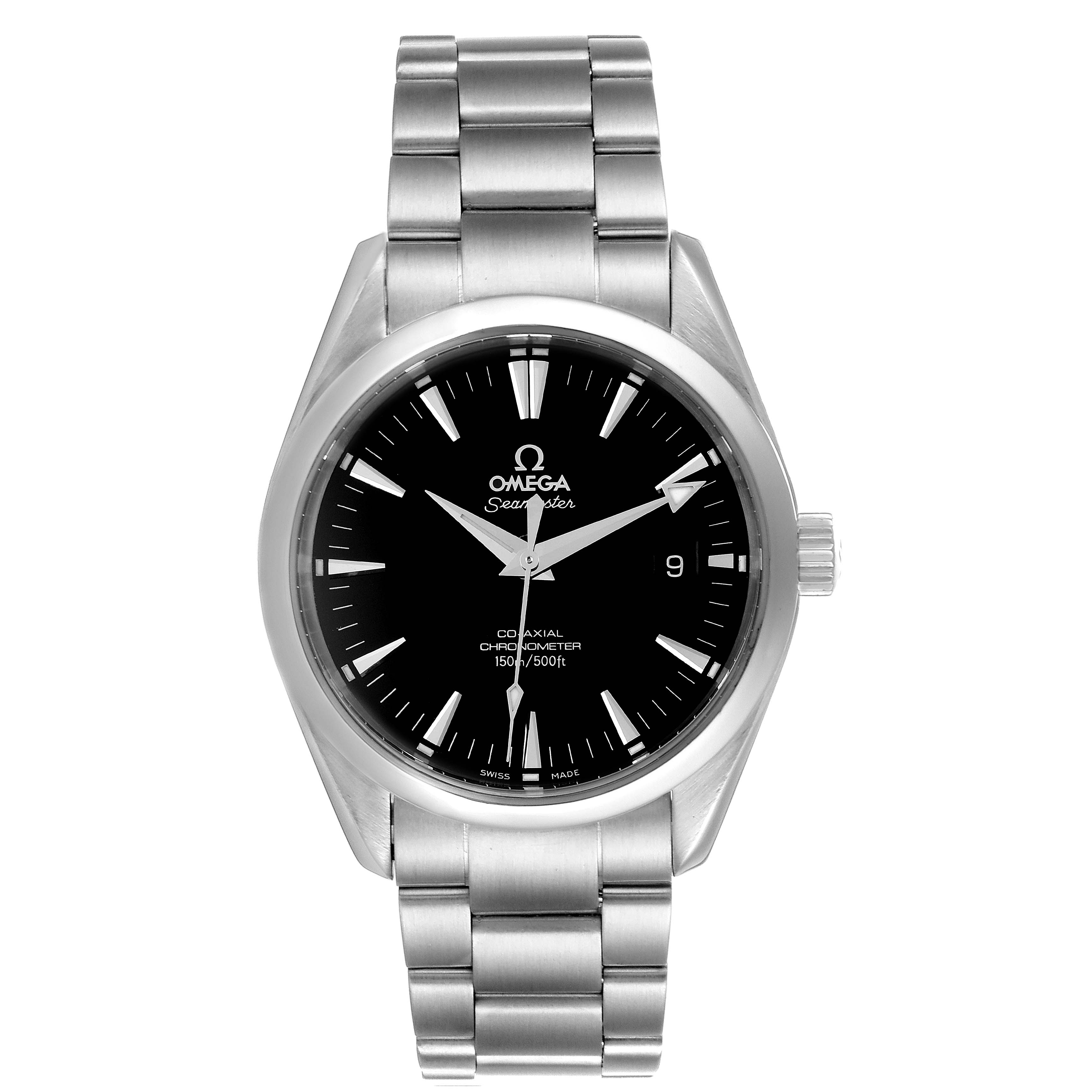 The Omega Seamaster Aqua Terra watch is shown from a front angle displaying its face and stainless steel bracelet.
