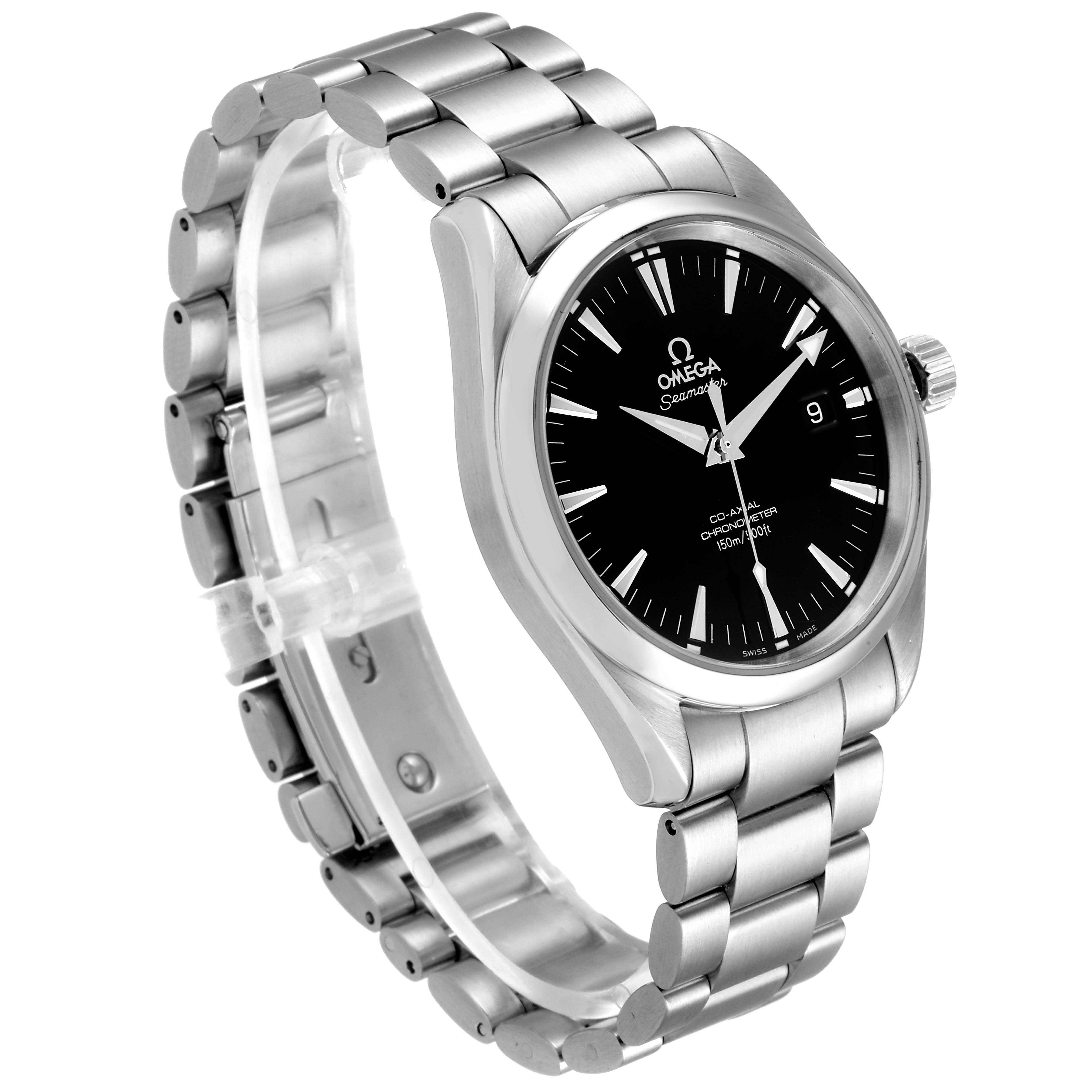 The image shows a side-angle view of an Omega Aqua Terra 2503.50.00 Men
s Stainless Steel Black Dial 2503.50.00 Men
s Stainless Steel Black Dial watch, highlighting the bracelet, case, dial, and crown.