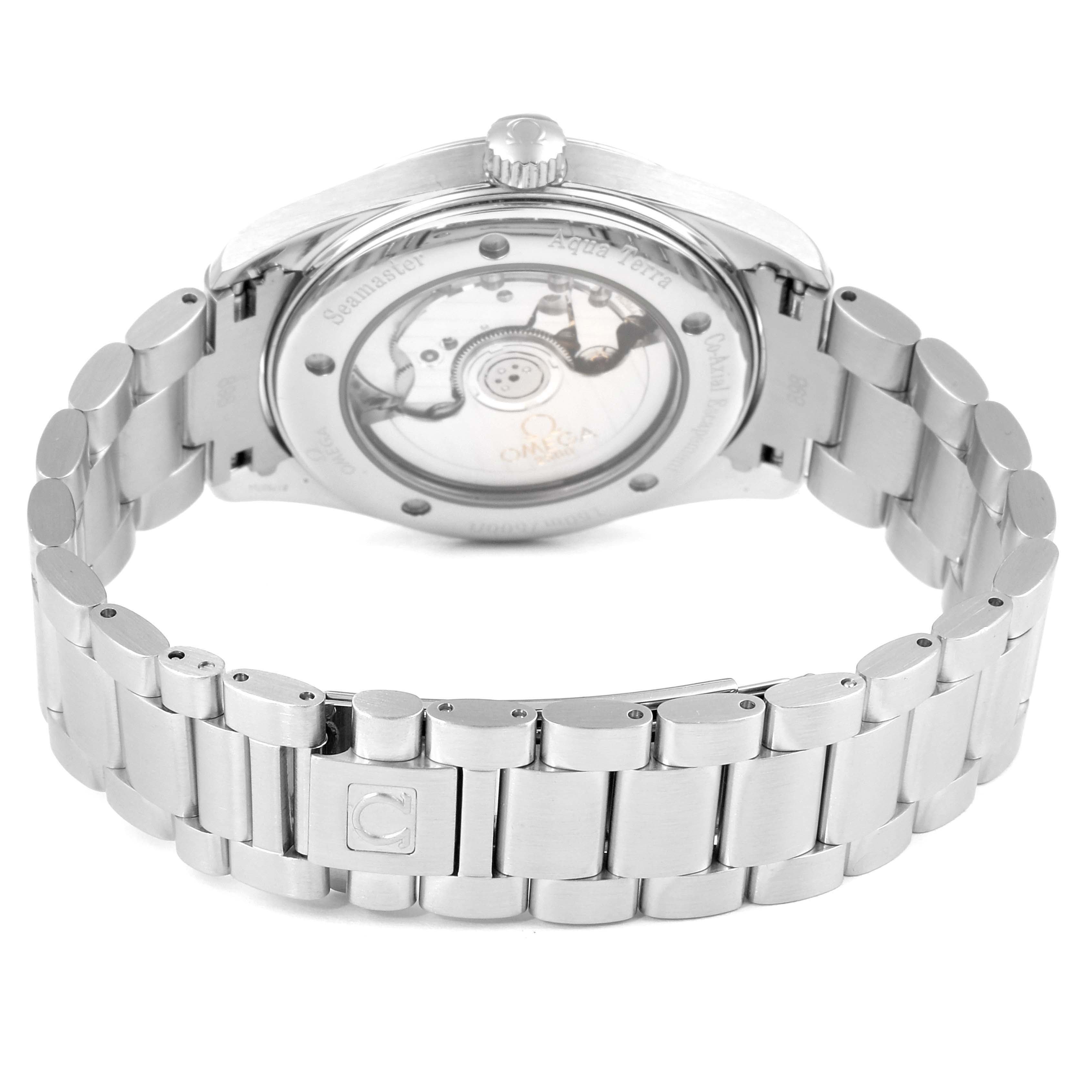 The image shows the back view of the Omega Aqua Terra 2503.50.00 Men
s Stainless Steel Black Dial 2503.50.00 Men
s Stainless Steel Black Dial watch, highlighting its bracelet and transparent case back.