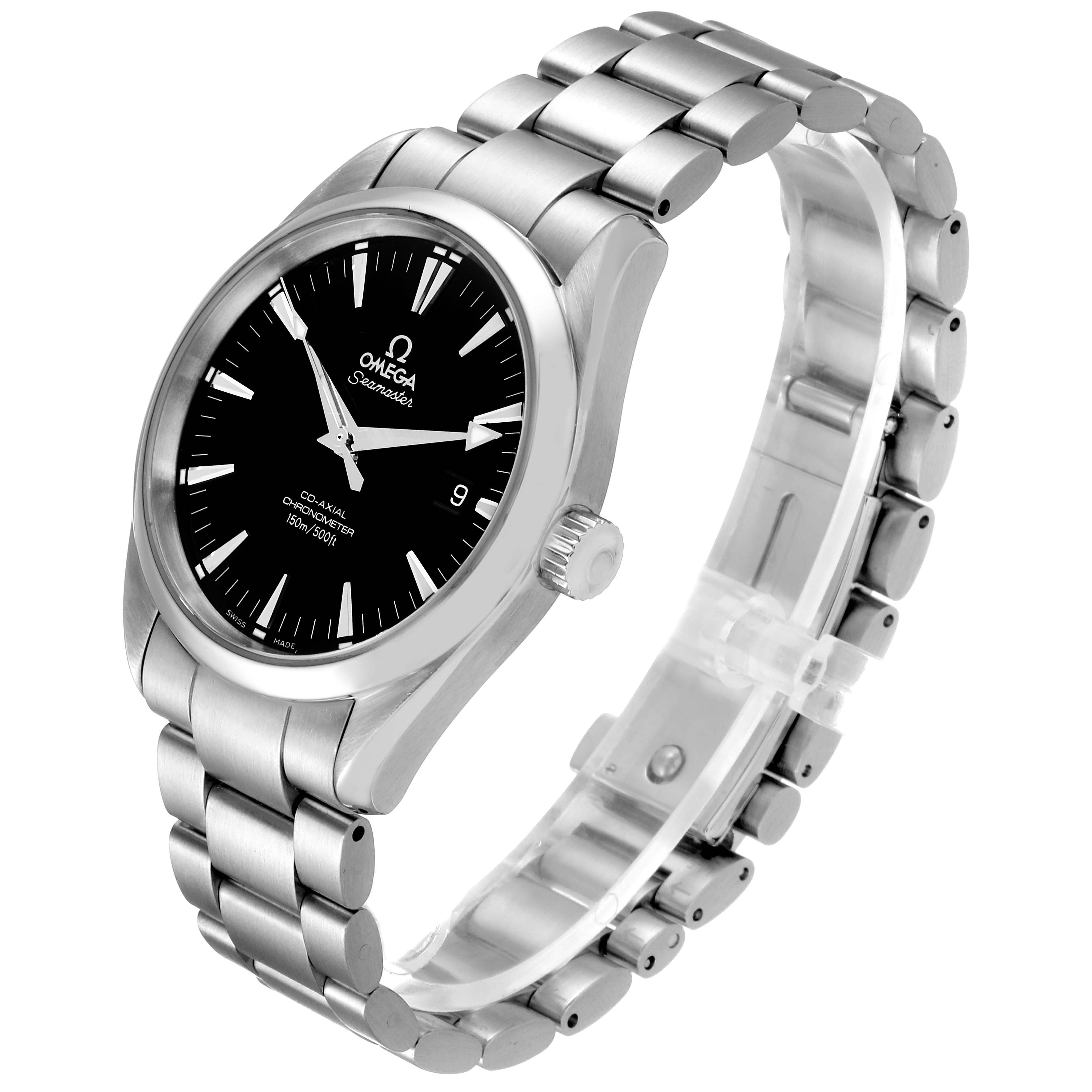 The image shows an Omega Aqua Terra 2503.50.00 Men
s Stainless Steel Black Dial 2503.50.00 Men
s Stainless Steel Black Dial watch at a three-quarter angle, highlighting the face, crown, and metal bracelet.