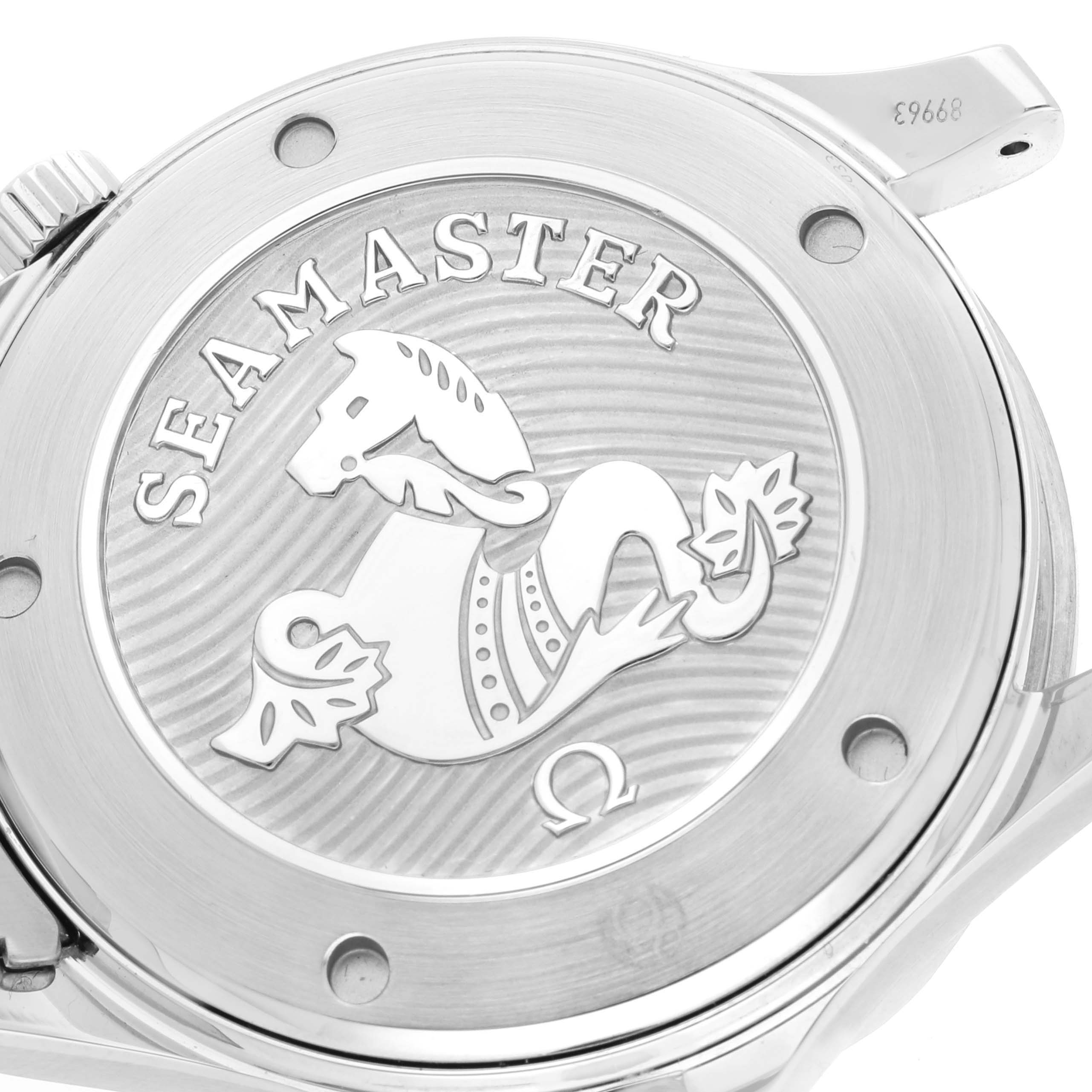 This image shows the back case of an Omega Seamaster 212.30.41.20.01.003 Men's Stainless Steel Black Dial 212.30.41.20.01.003 Men's Stainless Steel Black Dial watch, featuring the Seamaster logo and branding.