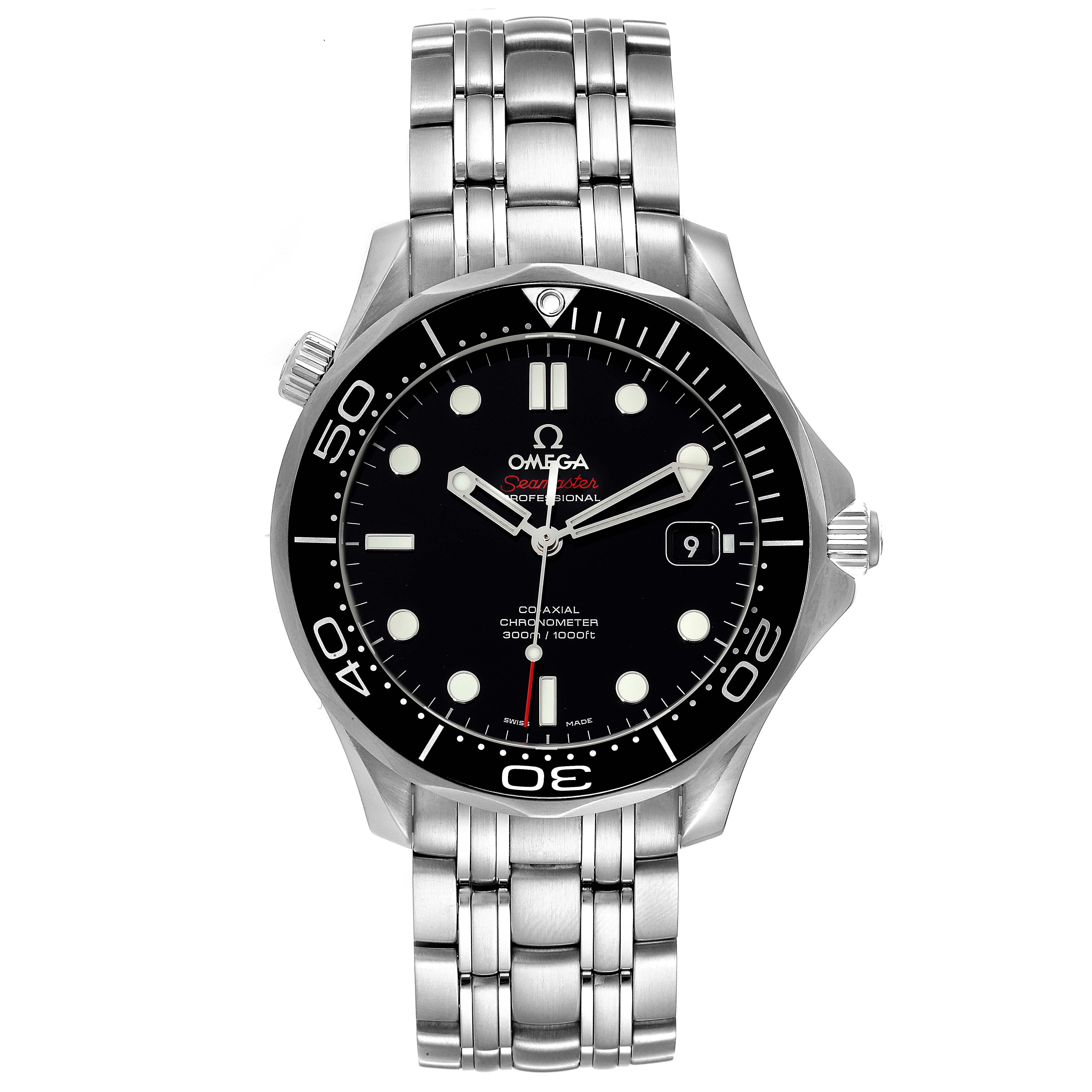 The image shows a frontal view of the Omega Seamaster 212.30.41.20.01.003 Men's Stainless Steel Black Dial 212.30.41.20.01.003 Men's Stainless Steel Black Dial watch, highlighting its dial, bezel, and stainless steel bracelet.