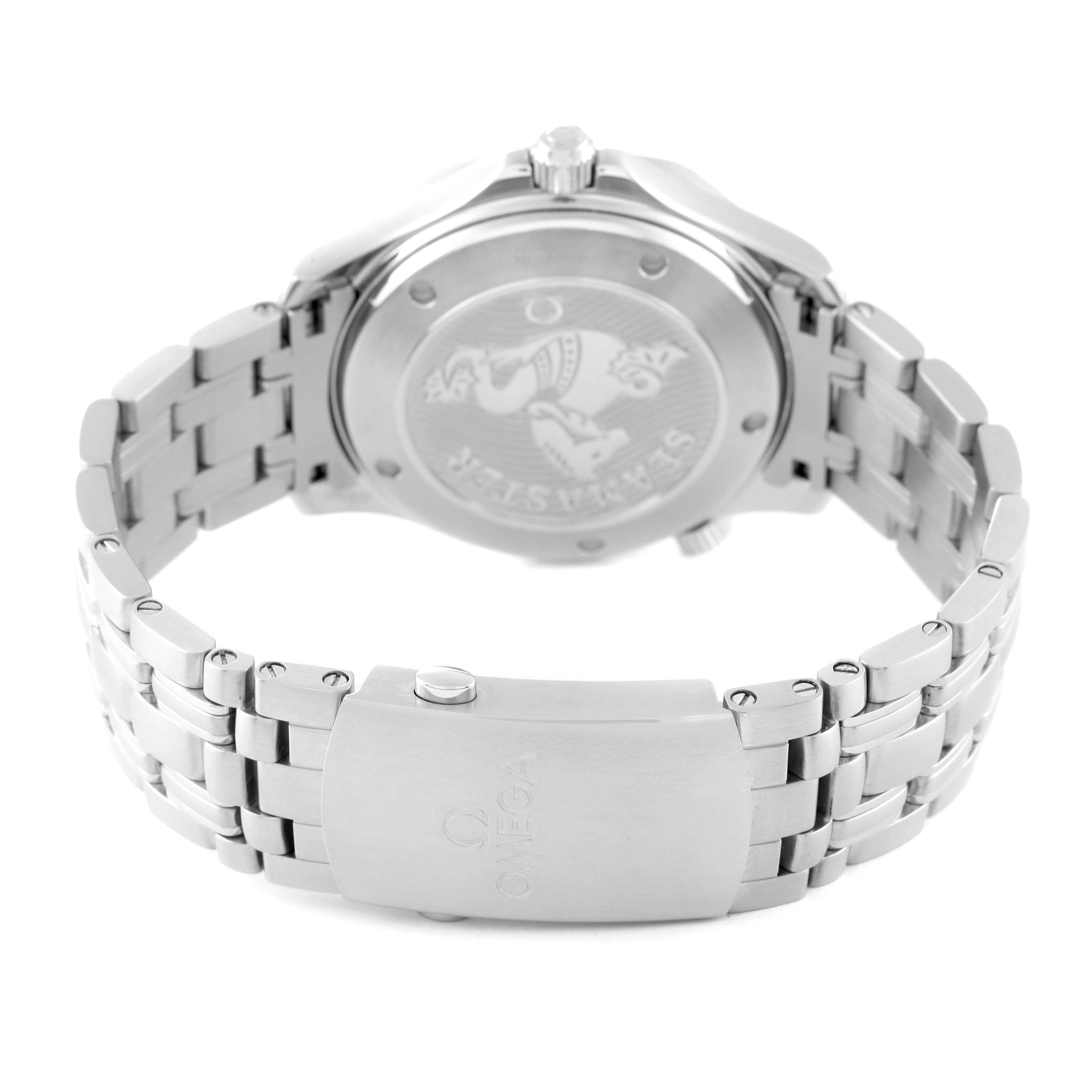 The image shows the back and clasp of an Omega Seamaster 212.30.41.20.01.003 Men's Stainless Steel Black Dial 212.30.41.20.01.003 Men's Stainless Steel Black Dial watch at an angle highlighting the bracelet and case back.