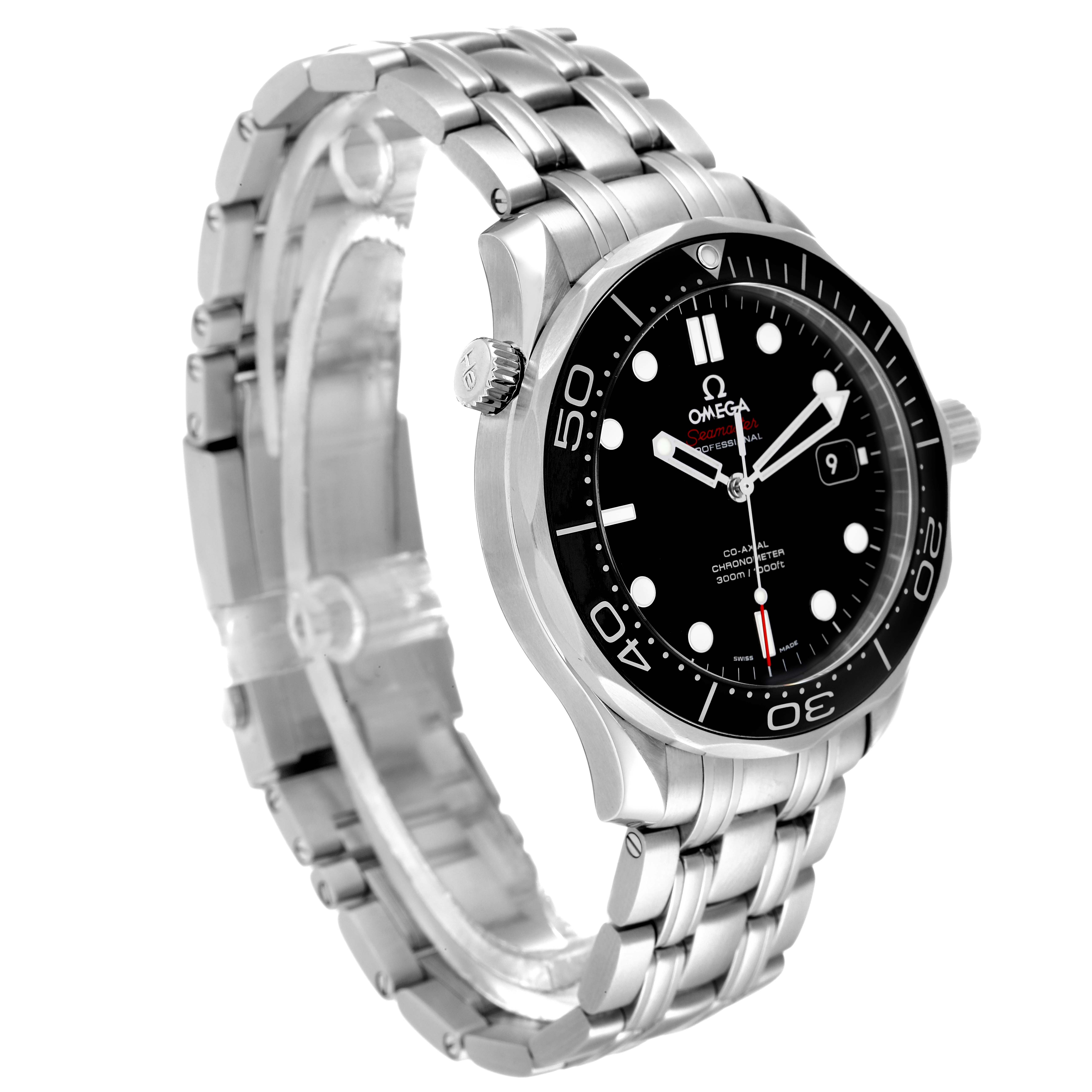 The image shows an angled view of an Omega Seamaster 212.30.41.20.01.003 Men's Stainless Steel Black Dial 212.30.41.20.01.003 Men's Stainless Steel Black Dial watch, highlighting the black dial, bezel, and stainless steel bracelet.