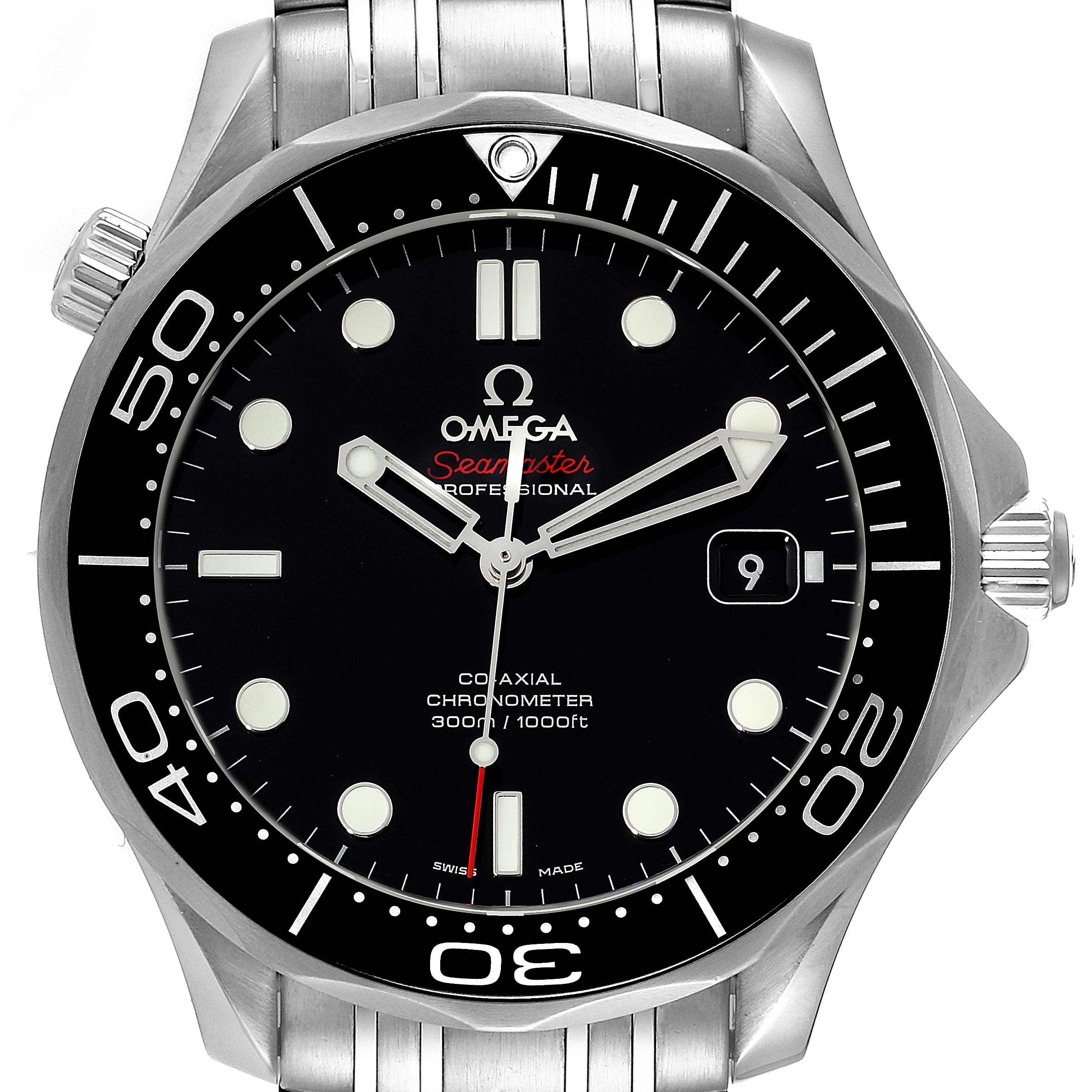 This image shows a front view of the Omega Seamaster 212.30.41.20.01.003 Men's Stainless Steel Black Dial 212.30.41.20.01.003 Men's Stainless Steel Black Dial watch, highlighting its bezel, dial, hands, and bracelet.
