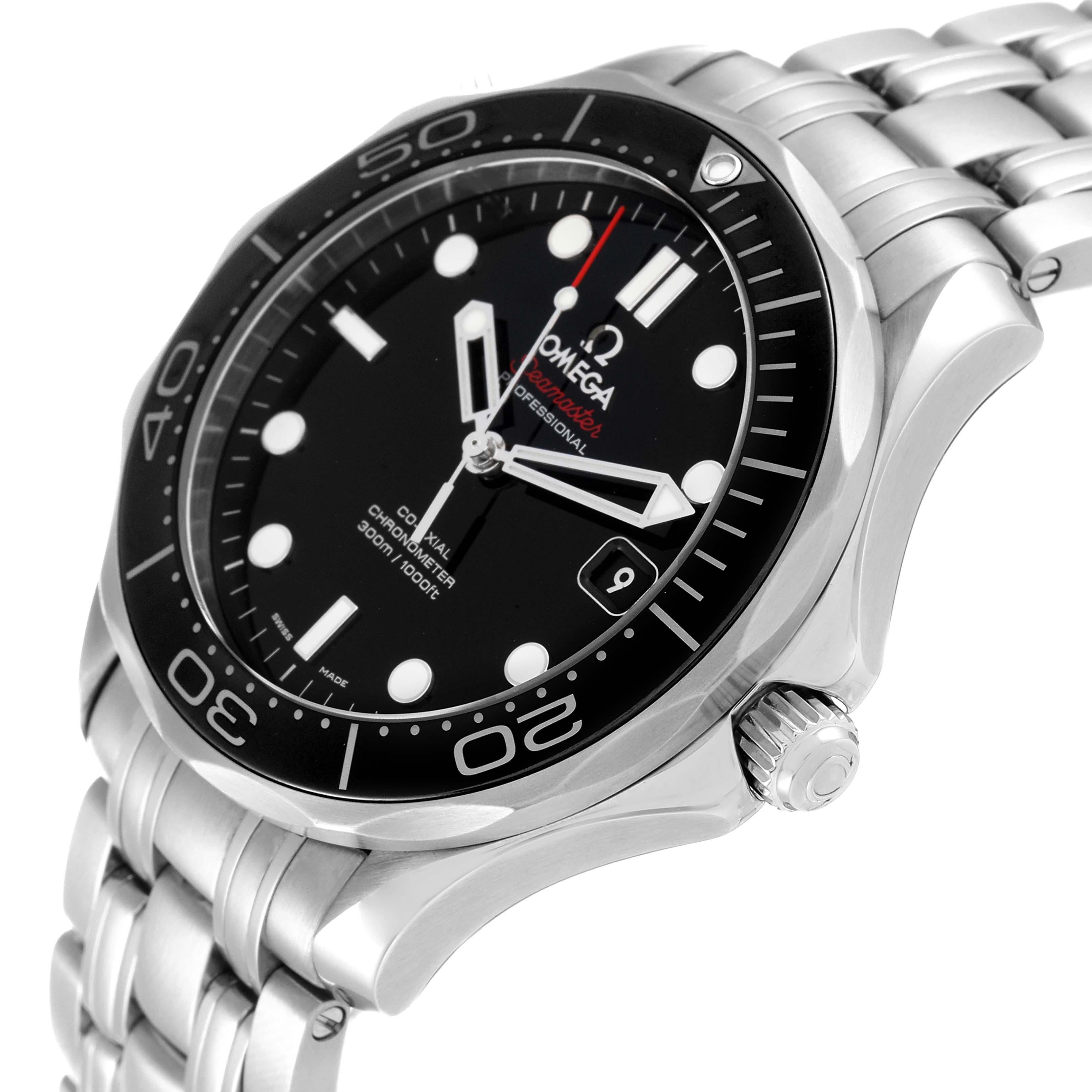 The image shows an angled view of the Omega Seamaster 212.30.41.20.01.003 Men's Stainless Steel Black Dial 212.30.41.20.01.003 Men's Stainless Steel Black Dial watch, highlighting the face, bezel, crown, and bracelet.