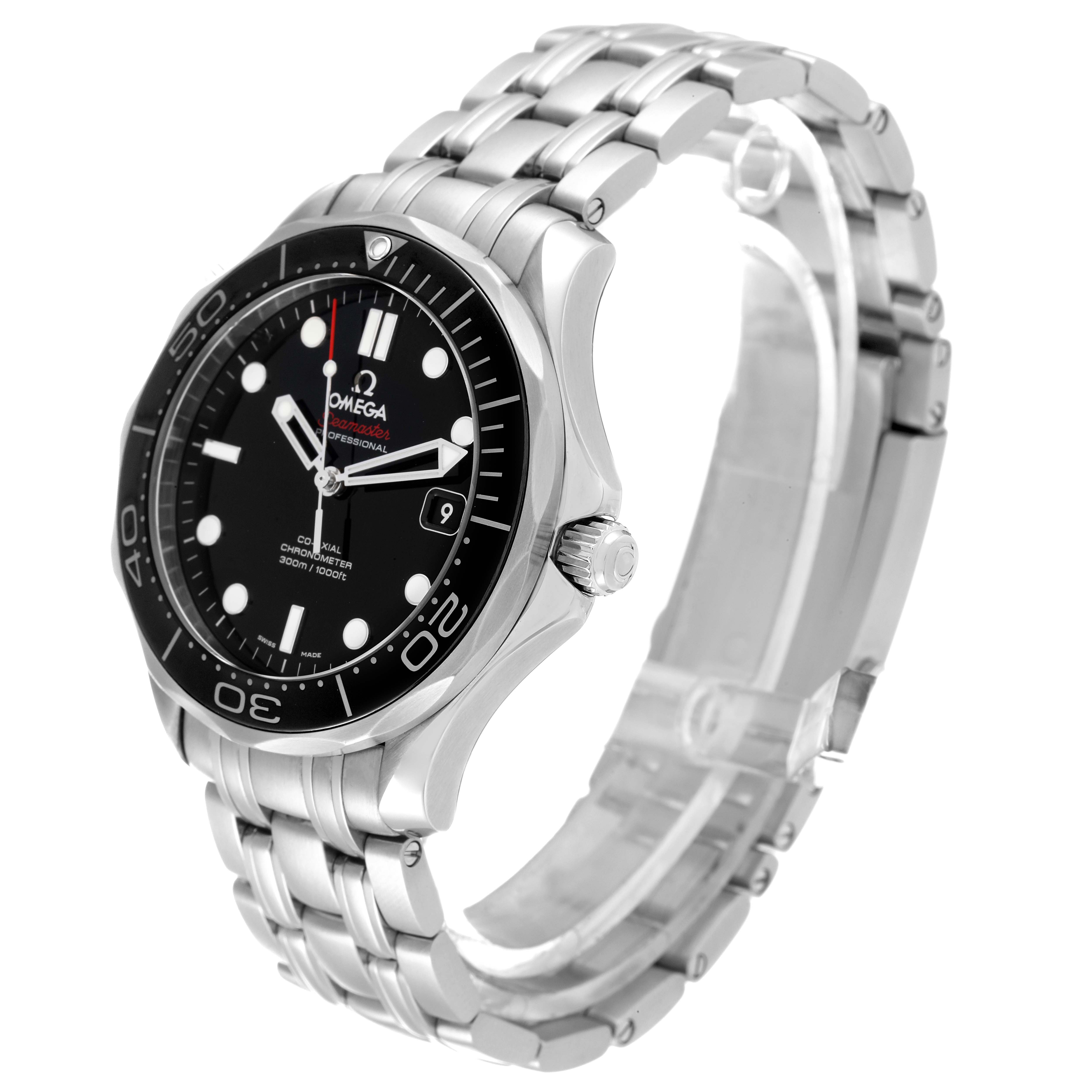 The image shows an Omega Seamaster 212.30.41.20.01.003 Men's Stainless Steel Black Dial 212.30.41.20.01.003 Men's Stainless Steel Black Dial watch angled from the front-right, highlighting the dial, bezel, crown, and bracelet.