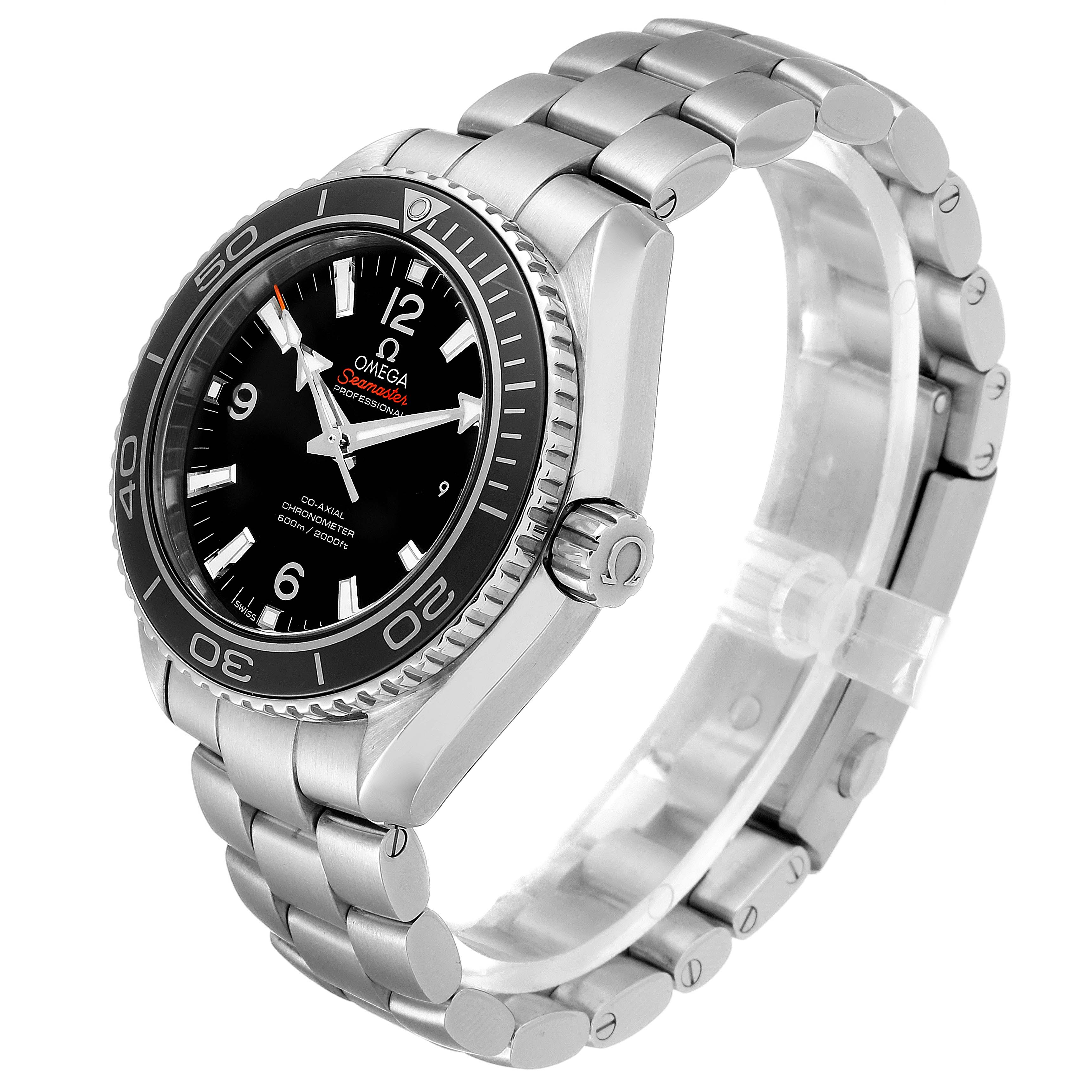 The image shows an Omega Planet Ocean 232.30.38.20.01.001  Men
s Stainless Steel Black Dial 232.30.38.20.01.001  Men
s Stainless Steel Black Dial watch from a right-side angle, featuring the bezel, dial, crown, and bracelet.