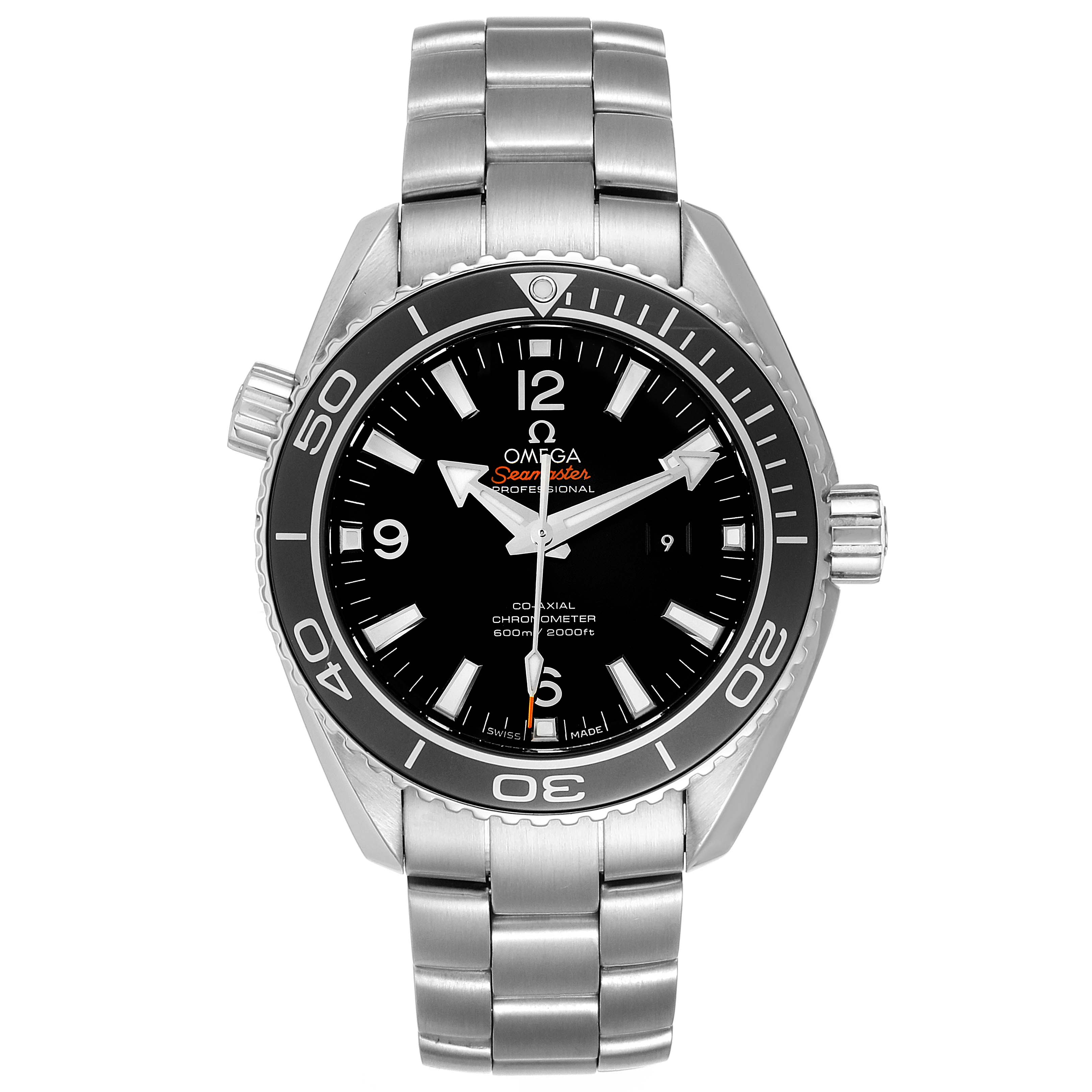 The image shows a front view of the Omega Planet Ocean 232.30.38.20.01.001  Men
s Stainless Steel Black Dial 232.30.38.20.01.001  Men
s Stainless Steel Black Dial watch, displaying its face, bezel, crown, and metal bracelet.