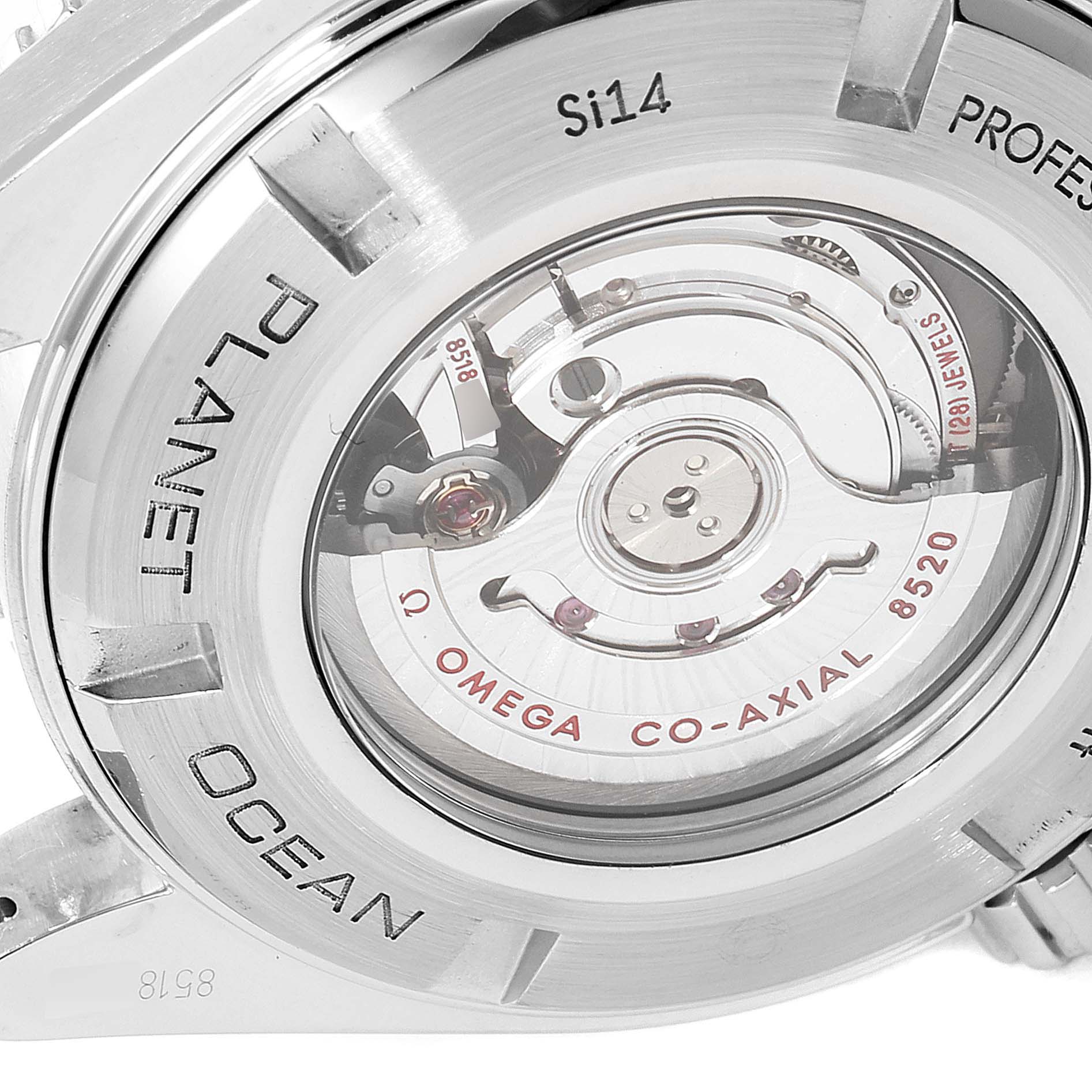 This image shows the back view of the Omega Planet Ocean 232.30.38.20.01.001  Men
s Stainless Steel Black Dial 232.30.38.20.01.001  Men
s Stainless Steel Black Dial watch, displaying its co-axial movement and inner mechanism.