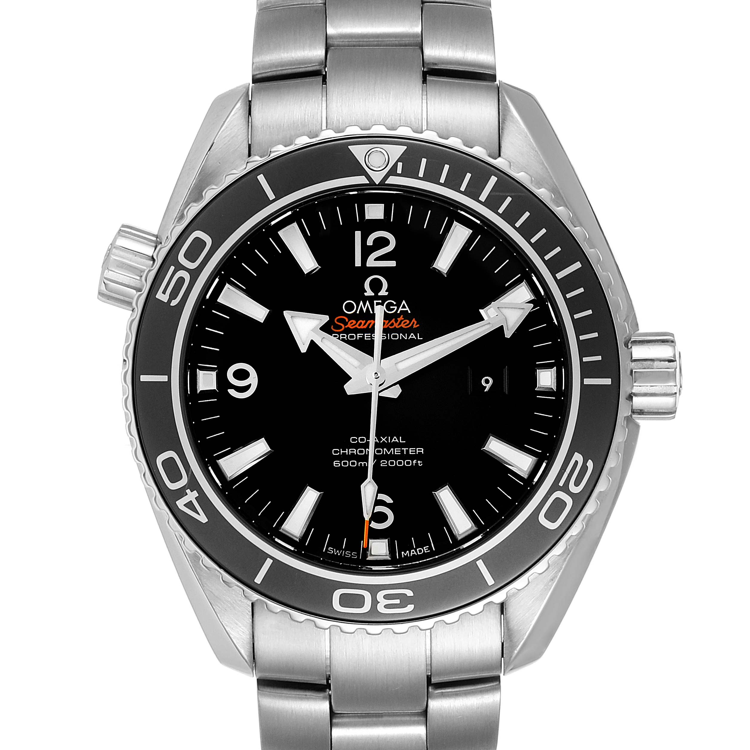 The image shows a frontal view of the Omega Seamaster Planet Ocean watch, displaying the dial, bezel, and part of the bracelet.