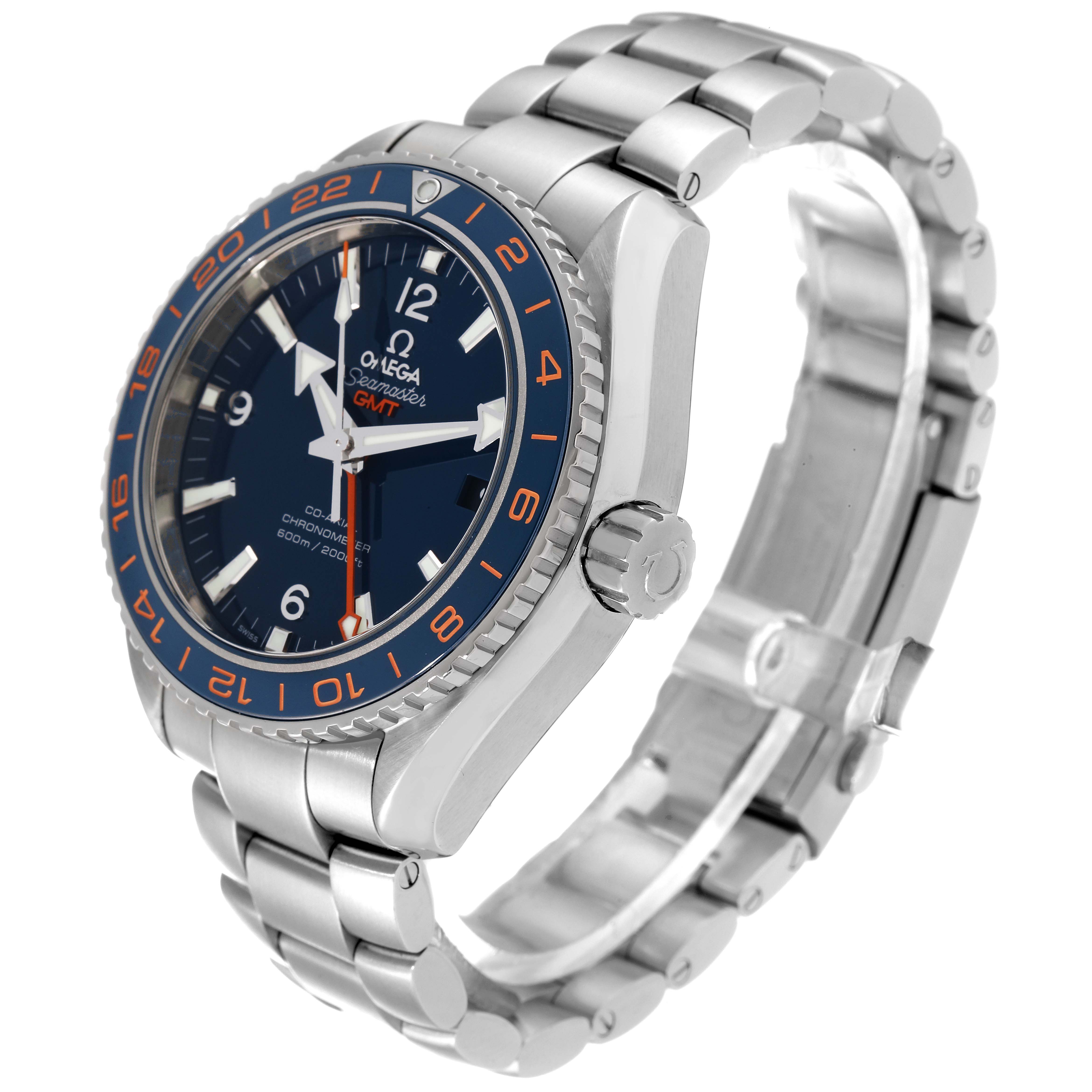 The image shows a side and front angle of an Omega Planet Ocean 232.30.44.22.03.001 Men's Stainless Steel Blue Dial 232.30.44.22.03.001 Men's Stainless Steel Blue Dial watch, highlighting its face, bezel, crown, and bracelet.