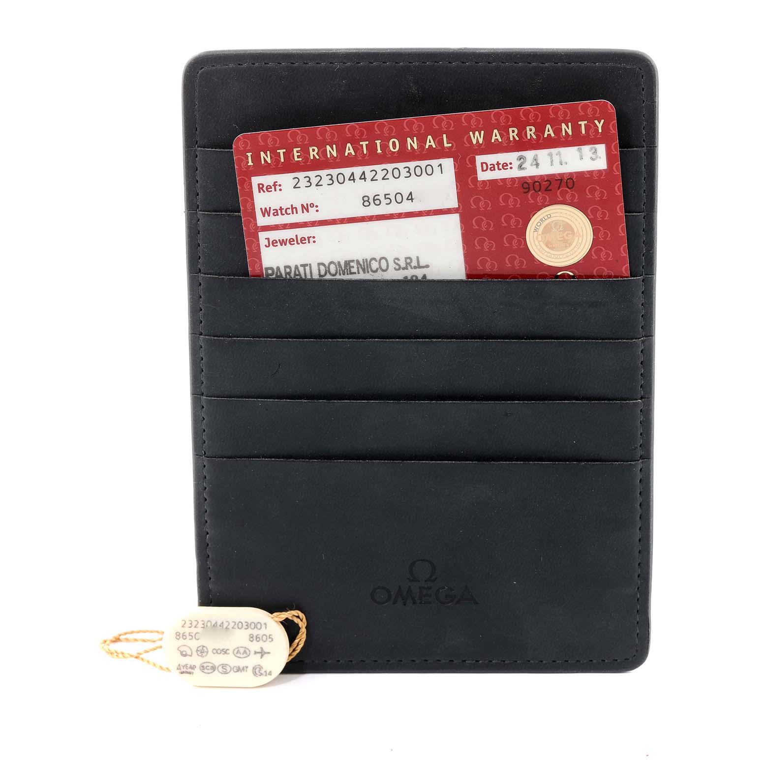 The image shows an Omega Planet Ocean 232.30.44.22.03.001 Men's Stainless Steel Blue Dial 232.30.44.22.03.001 Men's Stainless Steel Blue Dial watch's pouch containing an international warranty card and a tag with reference details.