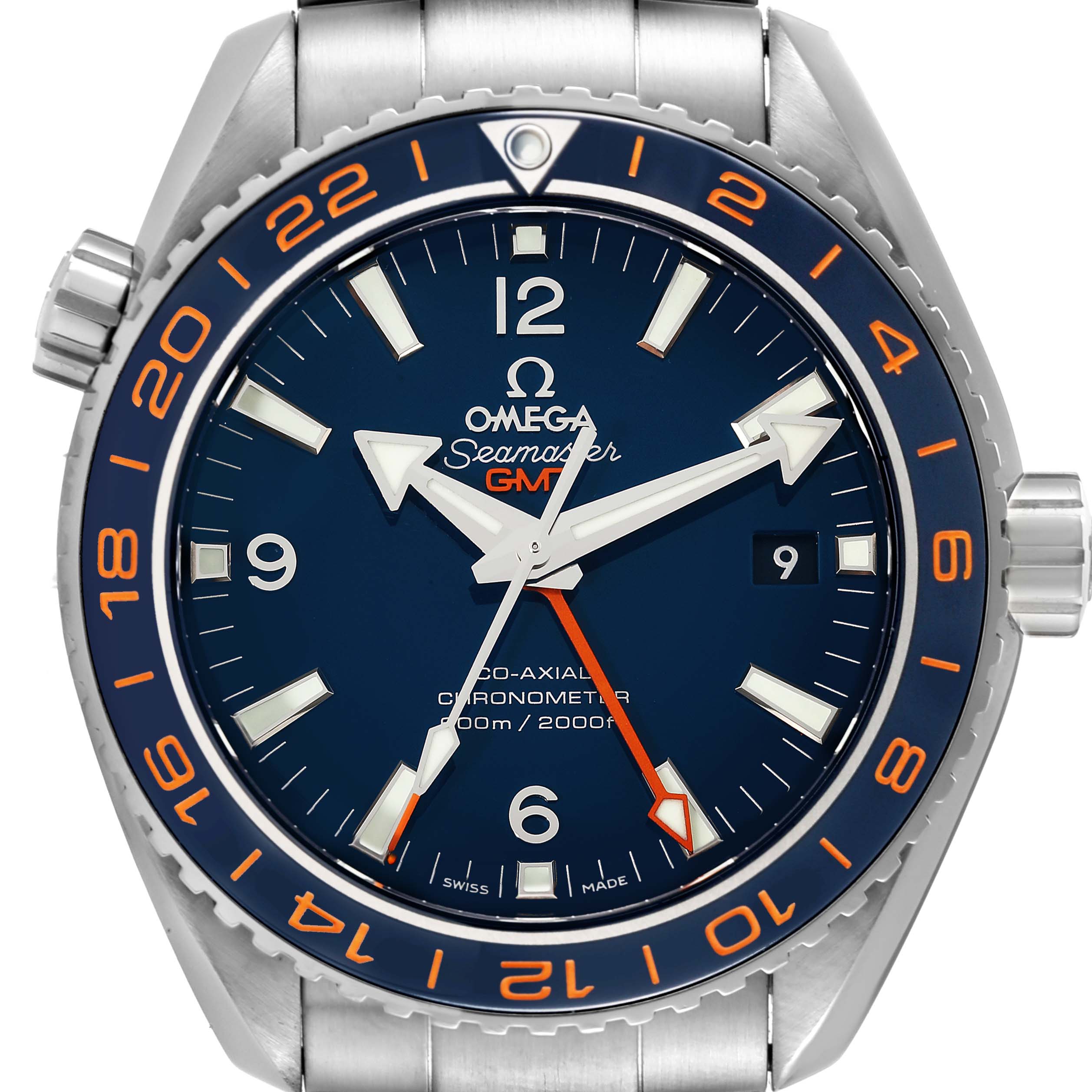 The image shows the dial and bezel of an Omega Planet Ocean 232.30.44.22.03.001 Men's Stainless Steel Blue Dial 232.30.44.22.03.001 Men's Stainless Steel Blue Dial watch, highlighting the face, hands, and bracelet.