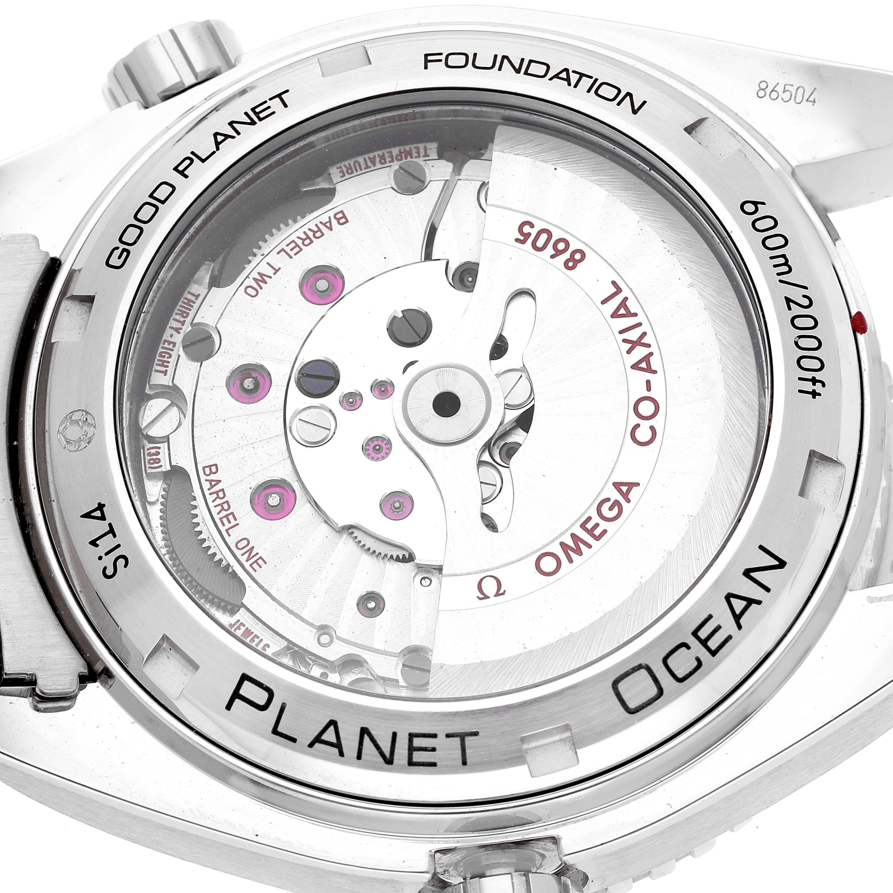 The image shows the rear view of the Omega Planet Ocean 232.30.44.22.03.001 Men's Stainless Steel Blue Dial 232.30.44.22.03.001 Men's Stainless Steel Blue Dial model, displaying the internal movement and caseback details.