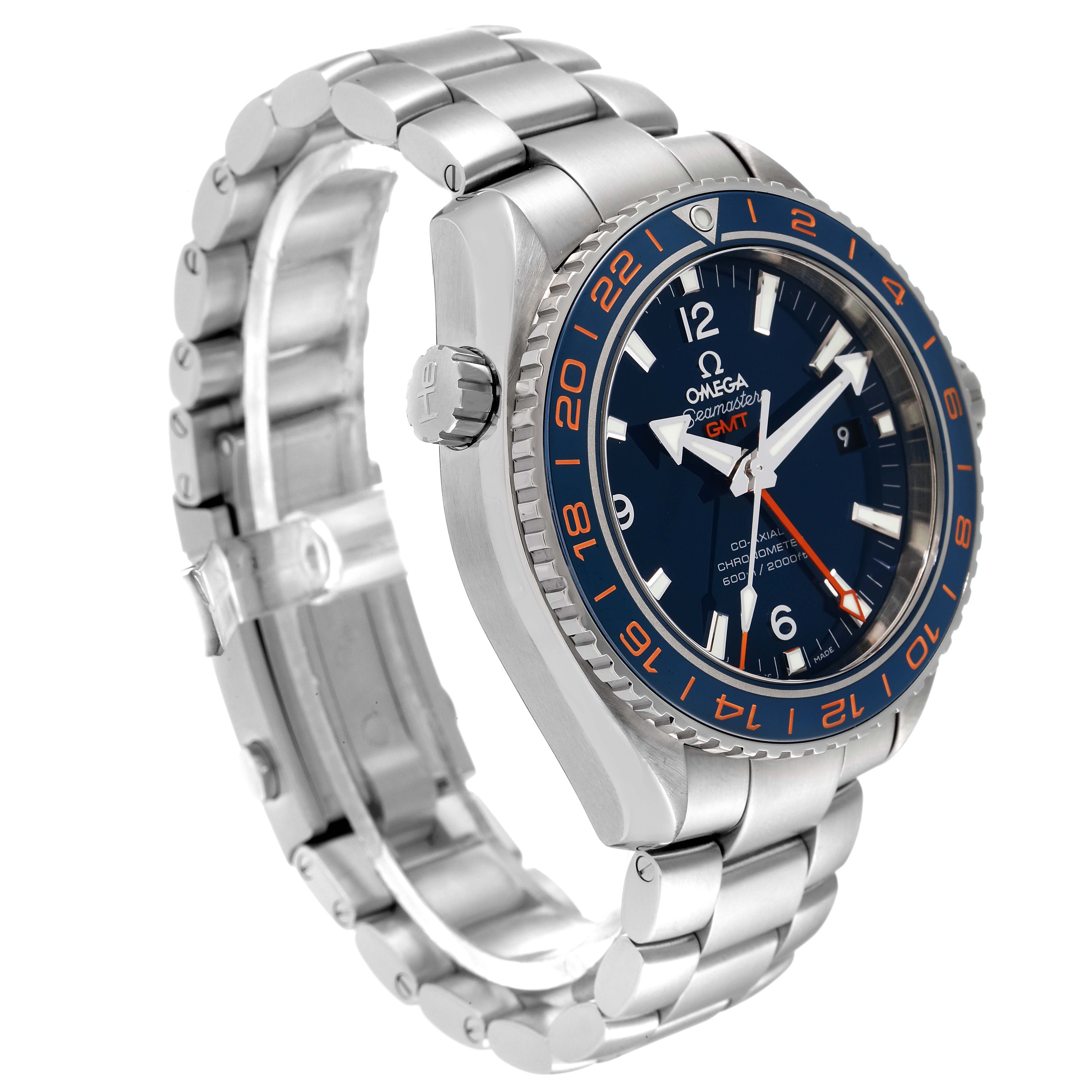 The image shows a side and angled view of the Omega Planet Ocean 232.30.44.22.03.001 Men's Stainless Steel Blue Dial 232.30.44.22.03.001 Men's Stainless Steel Blue Dial watch, highlighting its face, bezel, crown, and stainless steel bracelet.