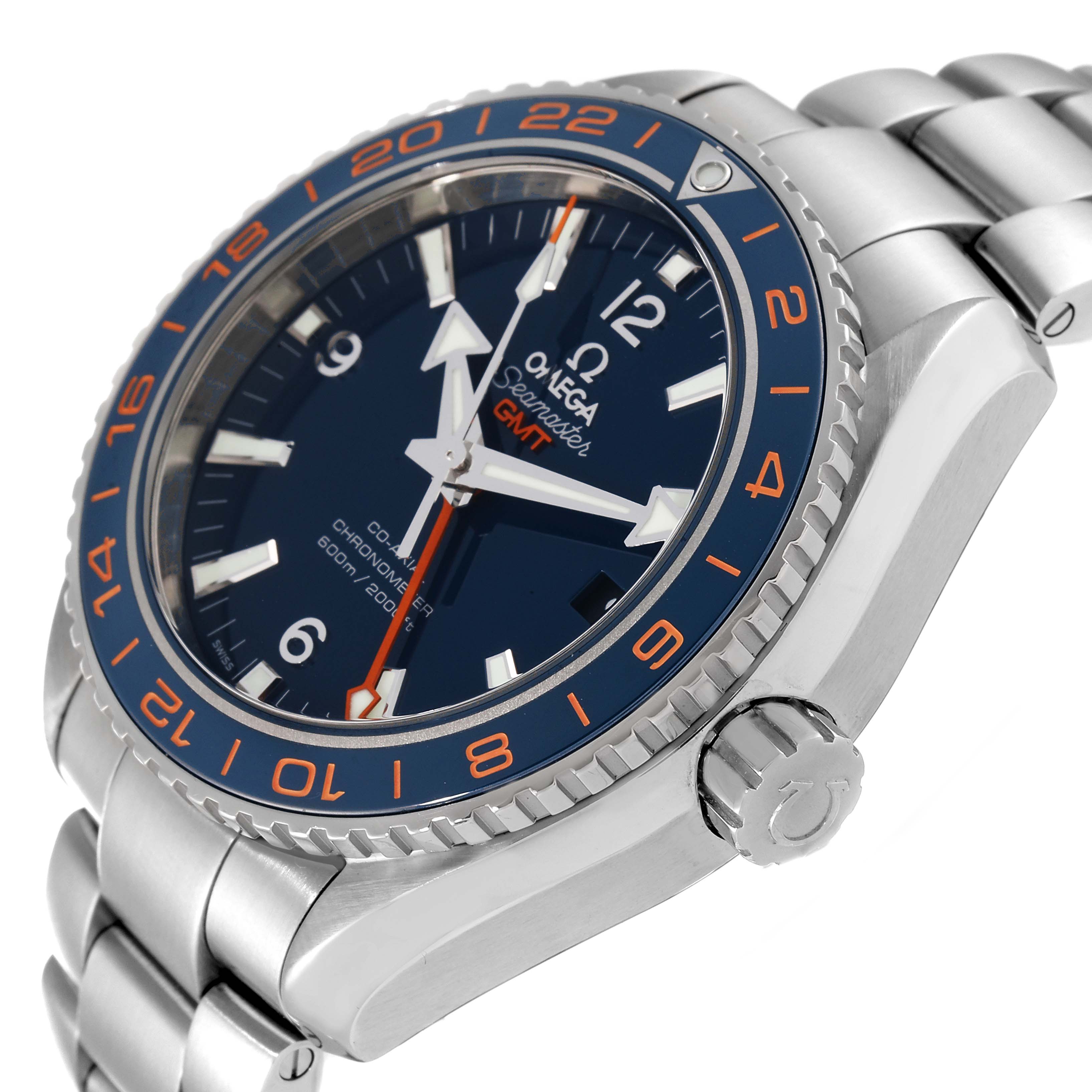 This image shows the Omega Planet Ocean 232.30.44.22.03.001 Men's Stainless Steel Blue Dial 232.30.44.22.03.001 Men's Stainless Steel Blue Dial watch at a three-quarter angle, highlighting the bezel, dial, and crown.