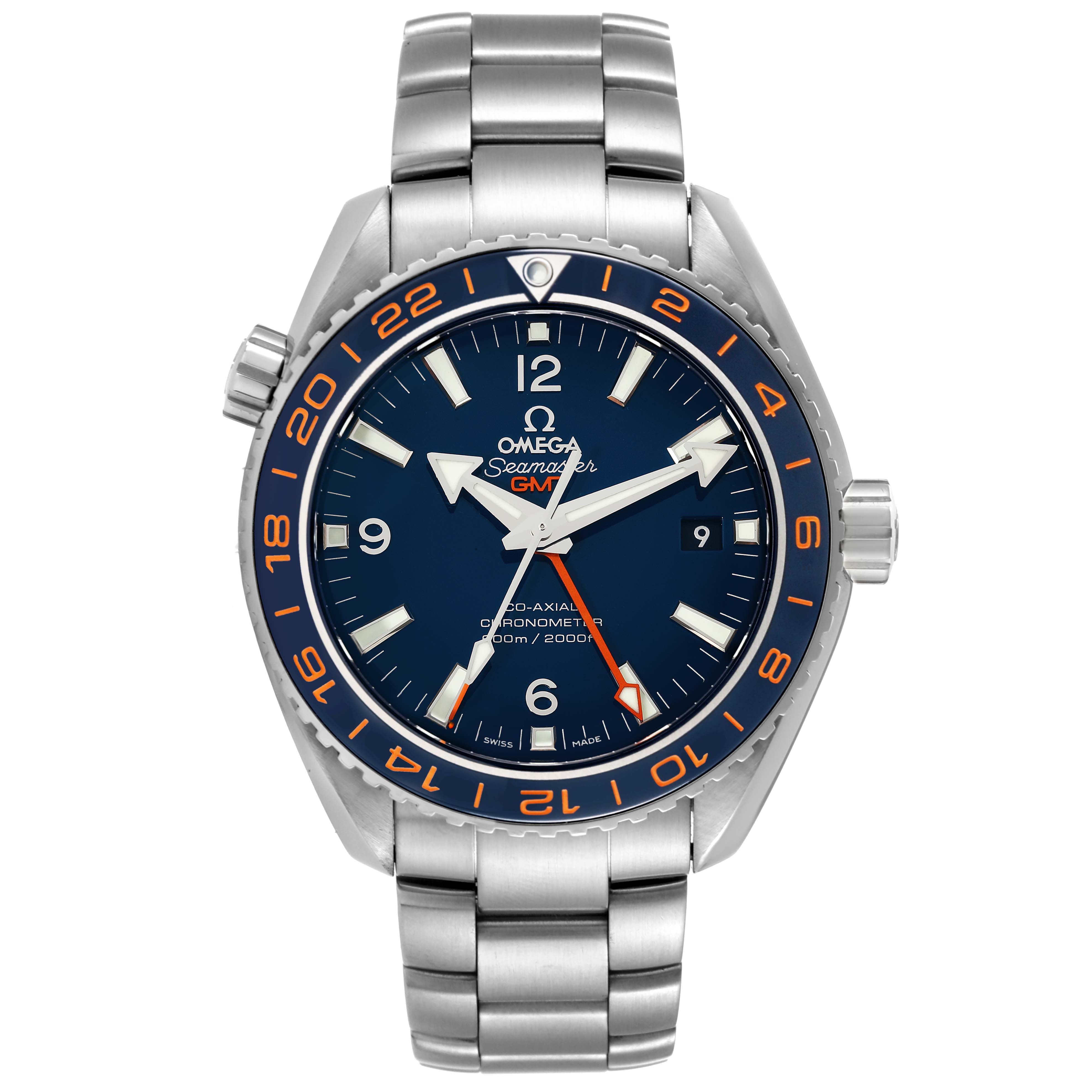 The image shows a front view of the Omega Planet Ocean 232.30.44.22.03.001 Men's Stainless Steel Blue Dial 232.30.44.22.03.001 Men's Stainless Steel Blue Dial watch with a stainless steel bracelet and a blue dial.