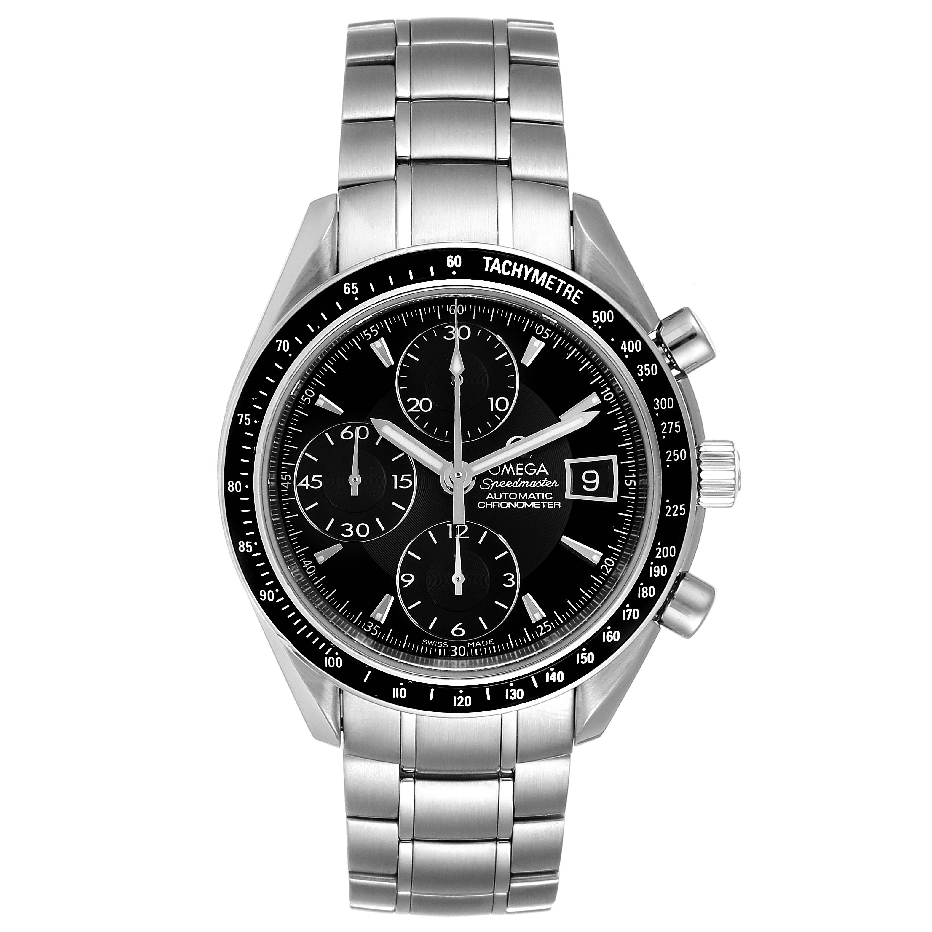 This is a front view of an Omega Speedmaster 3210.50.00 Men's Stainless Steel Black Dial 3210.50.00 Men's Stainless Steel Black Dial, displaying its stainless steel bracelet, tachymeter bezel, and chronograph subdials.