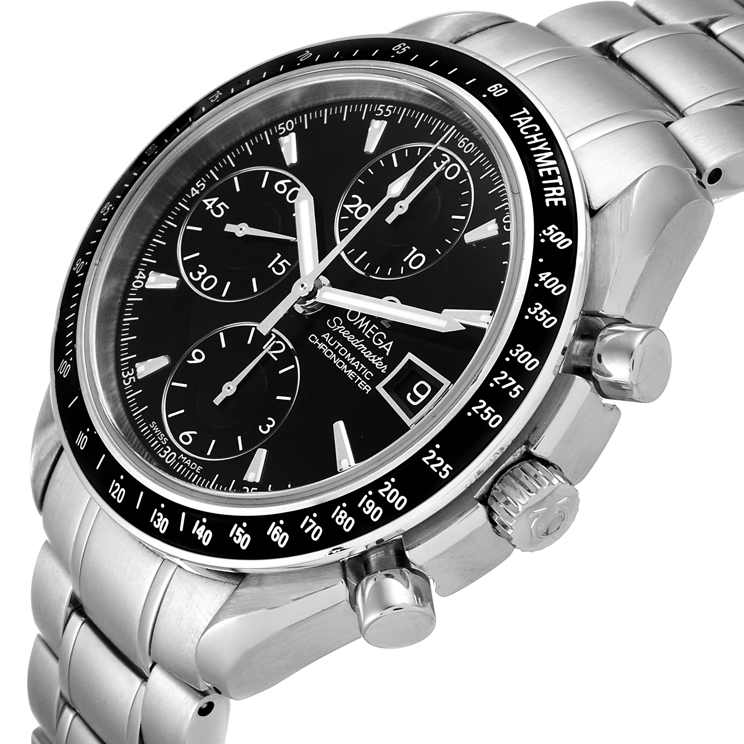 The Omega Speedmaster 3210.50.00 Men's Stainless Steel Black Dial 3210.50.00 Men's Stainless Steel Black Dial watch is shown from a side angle, highlighting its black dial, chronograph subdials, and stainless steel bracelet.