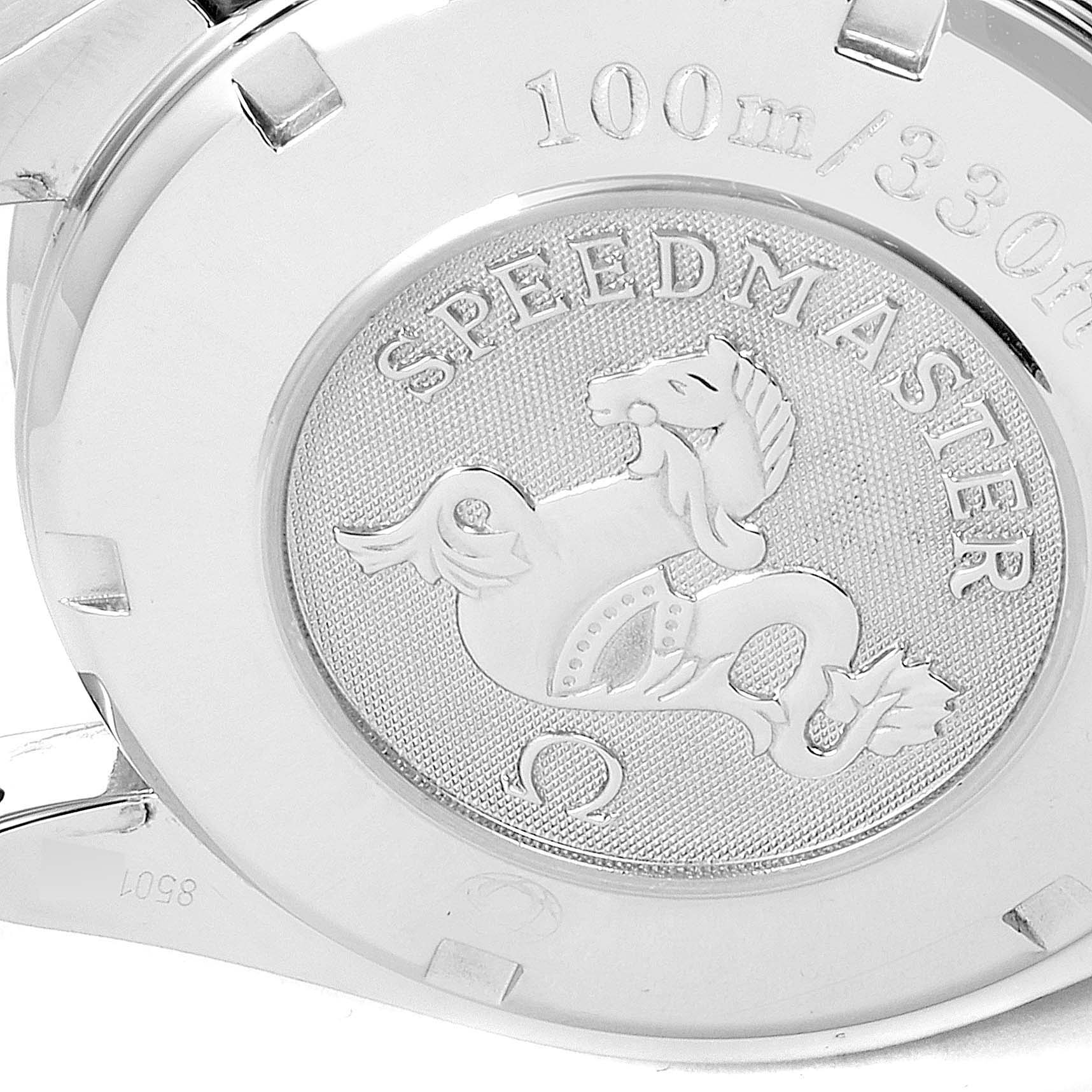 This image shows the back case of an Omega Speedmaster 3210.50.00 Men's Stainless Steel Black Dial 3210.50.00 Men's Stainless Steel Black Dial watch, highlighting its engraved logo and water resistance marking.