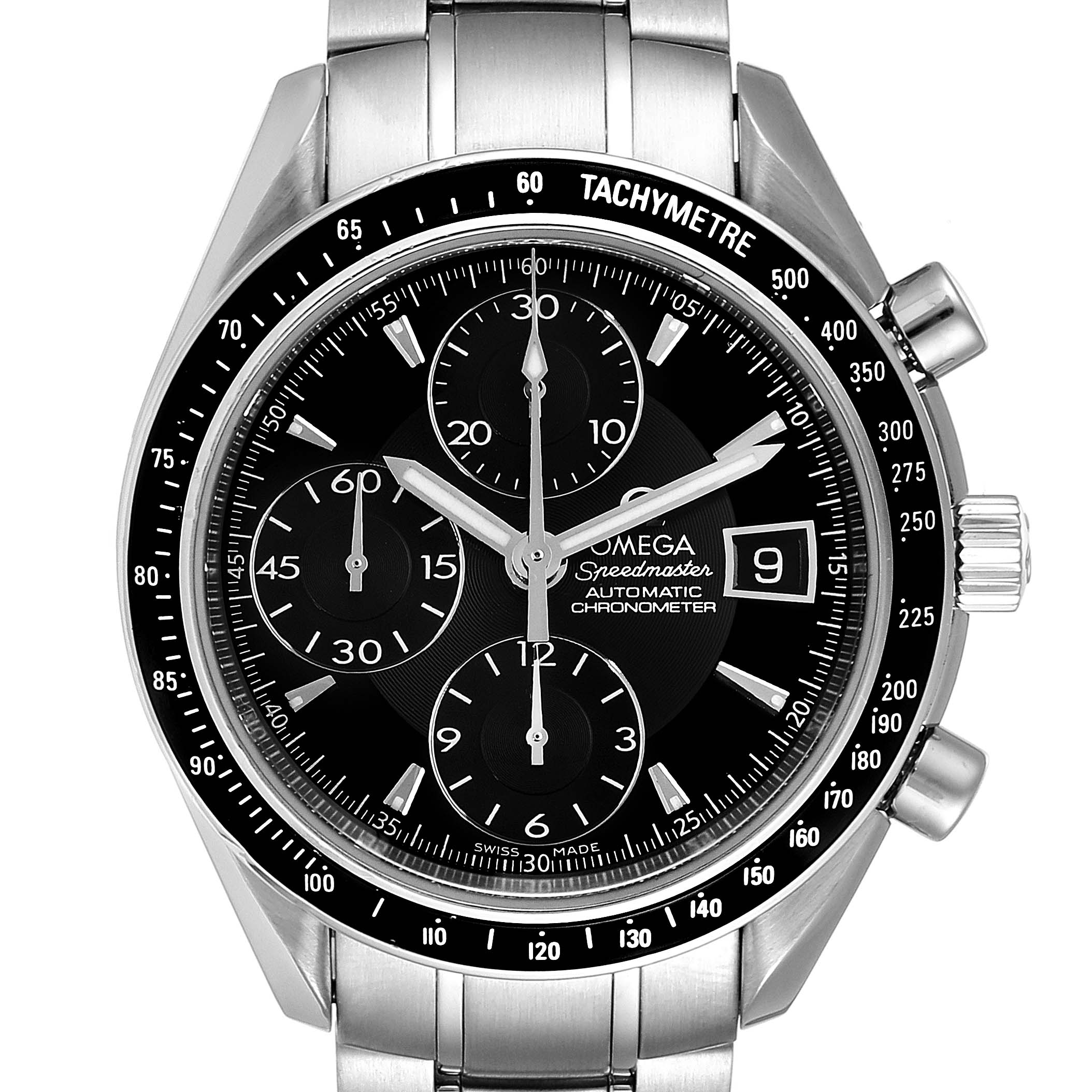 The Omega Speedmaster 3210.50.00 Men's Stainless Steel Black Dial 3210.50.00 Men's Stainless Steel Black Dial watch is shown from the front, displaying its black dial, chronograph sub-dials, date window, and tachymeter bezel.