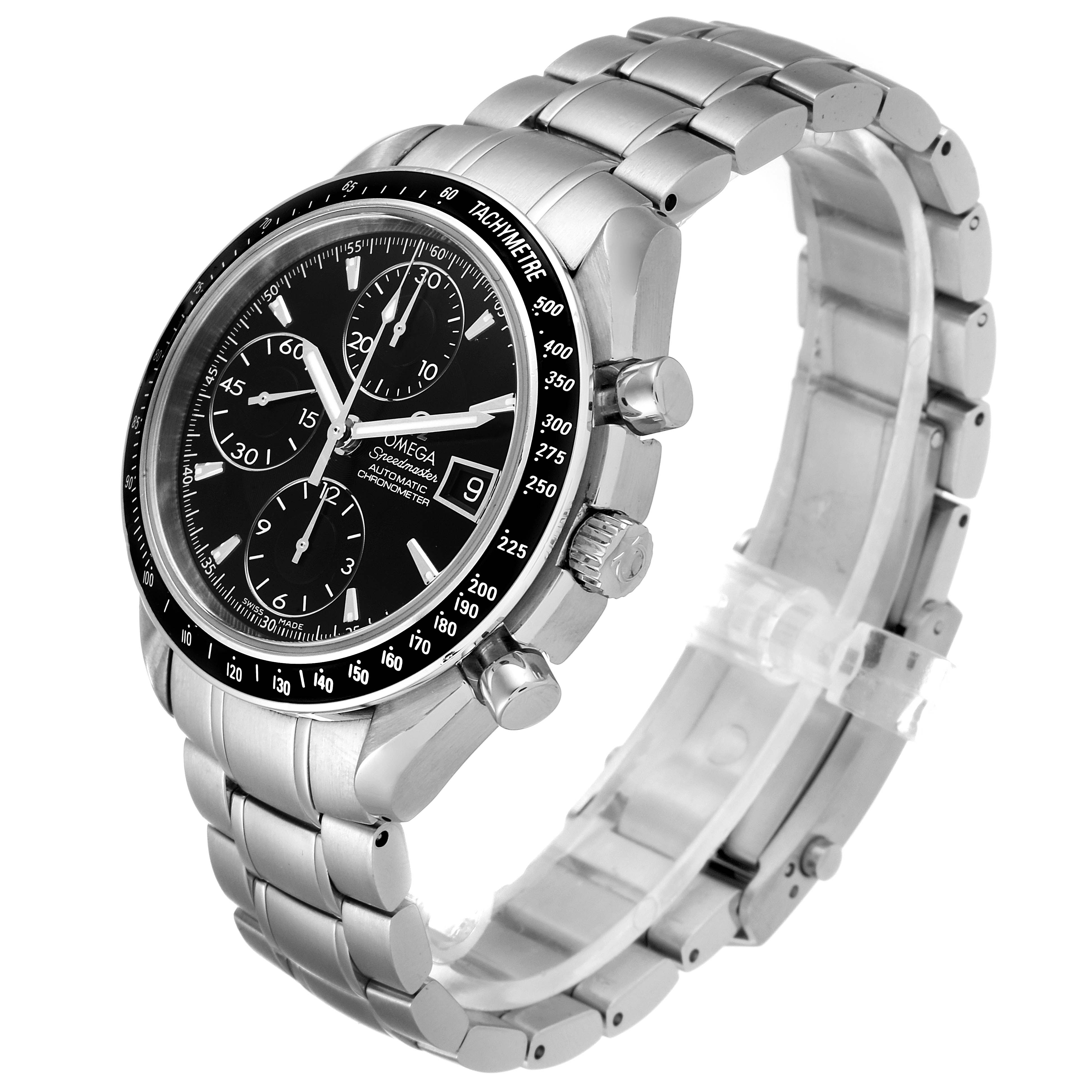 This is a side-angle view of the Omega Speedmaster 3210.50.00 Men's Stainless Steel Black Dial 3210.50.00 Men's Stainless Steel Black Dial watch, showing the face, bracelet, and crown.