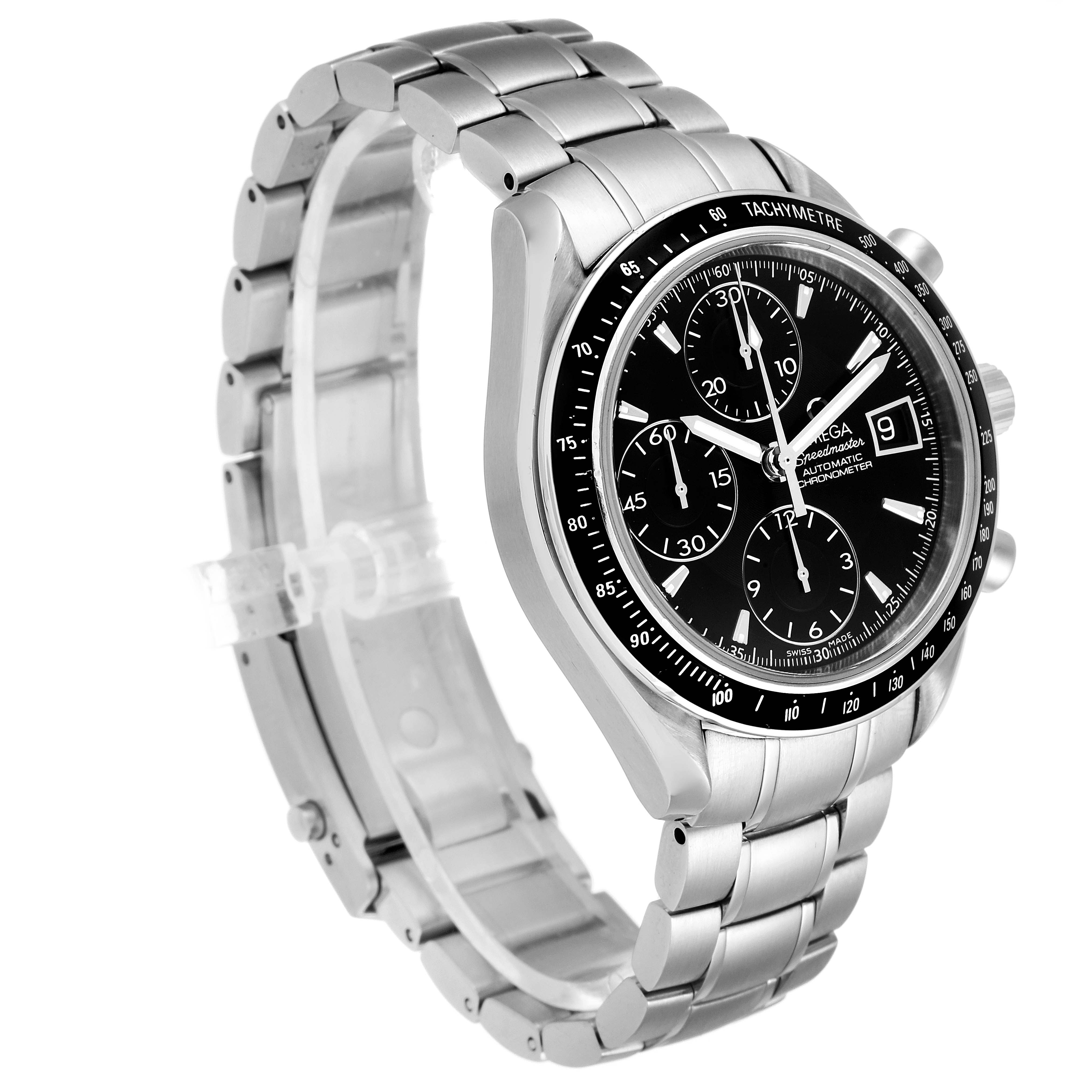 The Omega Speedmaster 3210.50.00 Men's Stainless Steel Black Dial 3210.50.00 Men's Stainless Steel Black Dial watch is shown at a three-quarter angle, displaying its face, bezel, and metal bracelet.