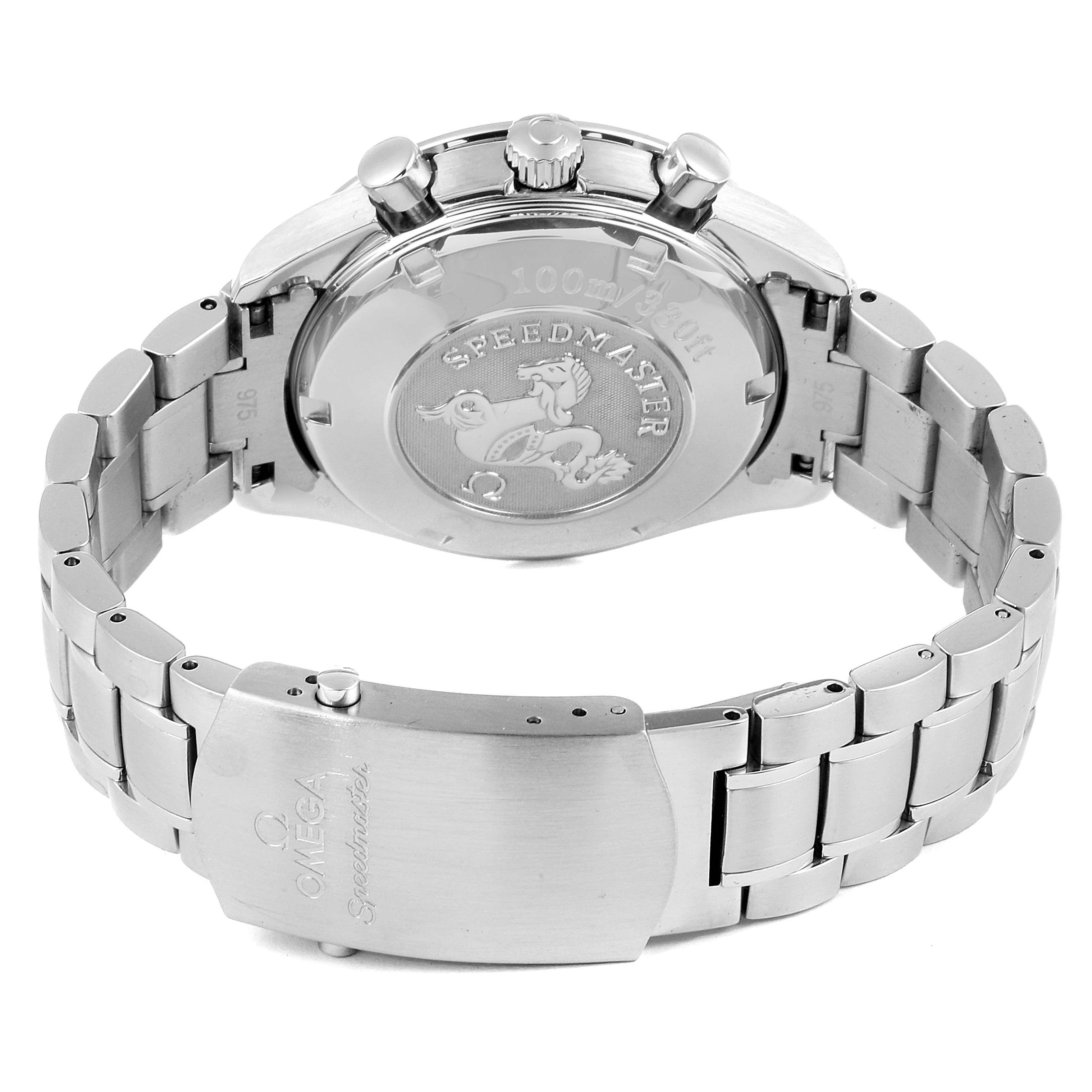 This image shows the back view of an Omega Speedmaster 3210.50.00 Men's Stainless Steel Black Dial 3210.50.00 Men's Stainless Steel Black Dial watch, highlighting the clasp, bracelet, and engraved case back.