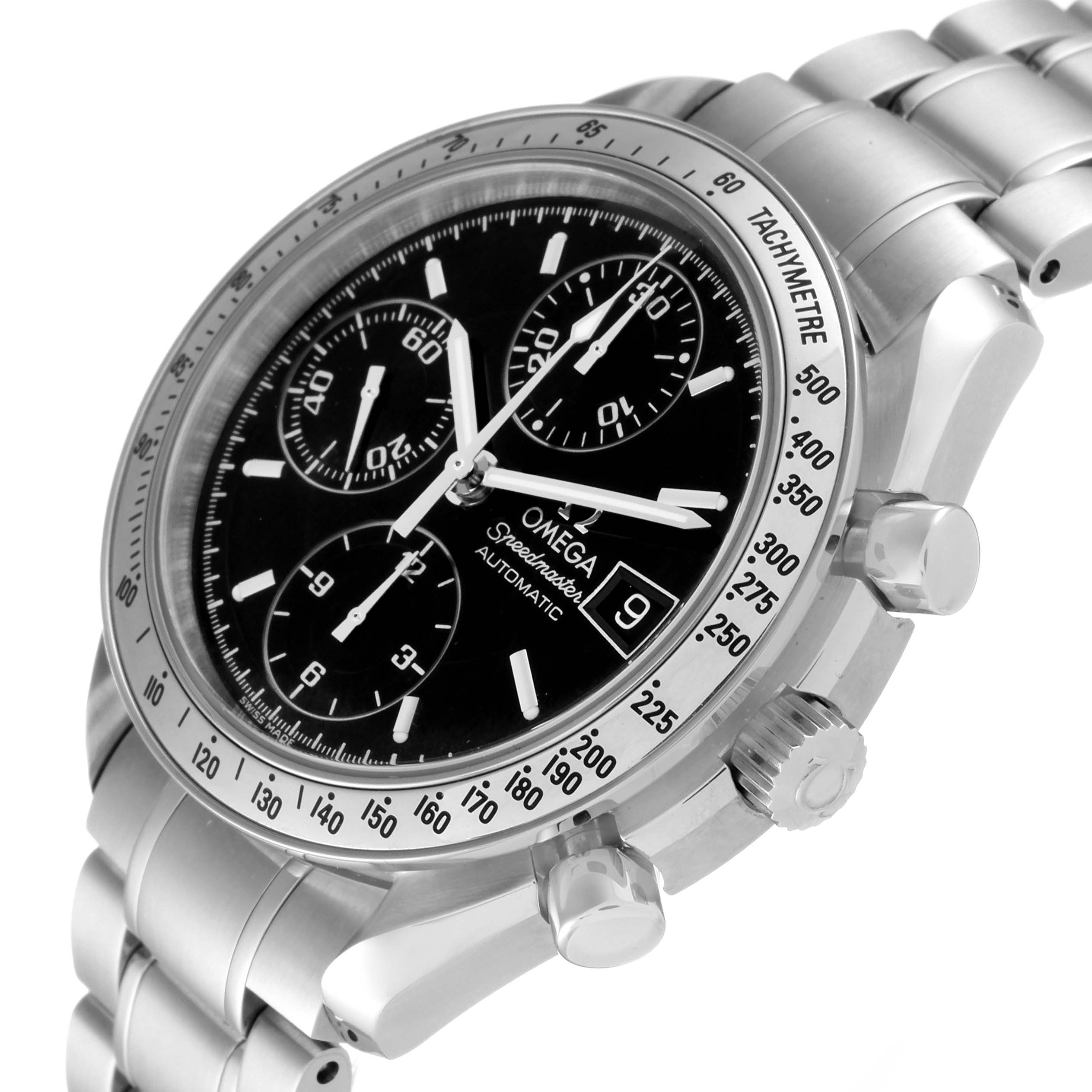The Omega Speedmaster 3513.50.00 Men
s Stainless Steel Black Dial 3513.50.00 Men
s Stainless Steel Black Dial watch is shown at an oblique angle, highlighting the dial, bezel, pushers, crown, and part of the bracelet.