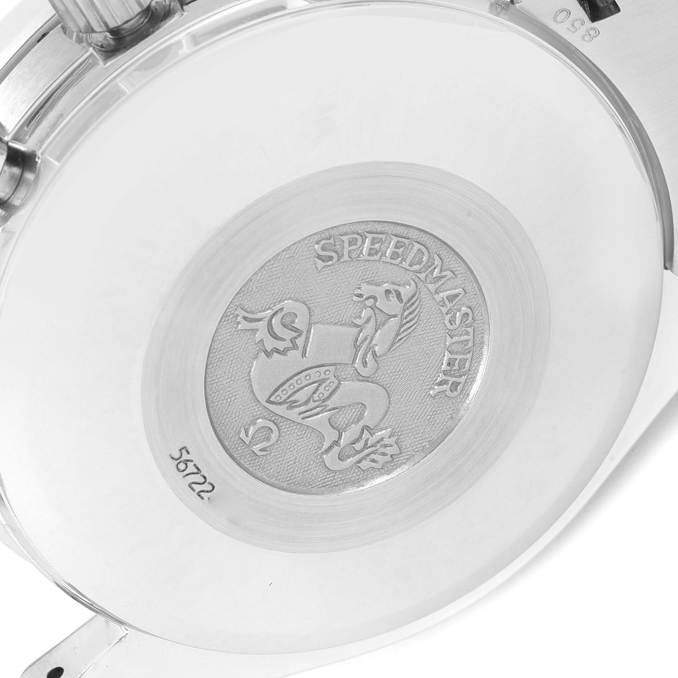 The image shows the case back of an Omega Speedmaster 3513.50.00 Men
s Stainless Steel Black Dial 3513.50.00 Men
s Stainless Steel Black Dial watch, featuring the Speedmaster logo and some serial numbers.