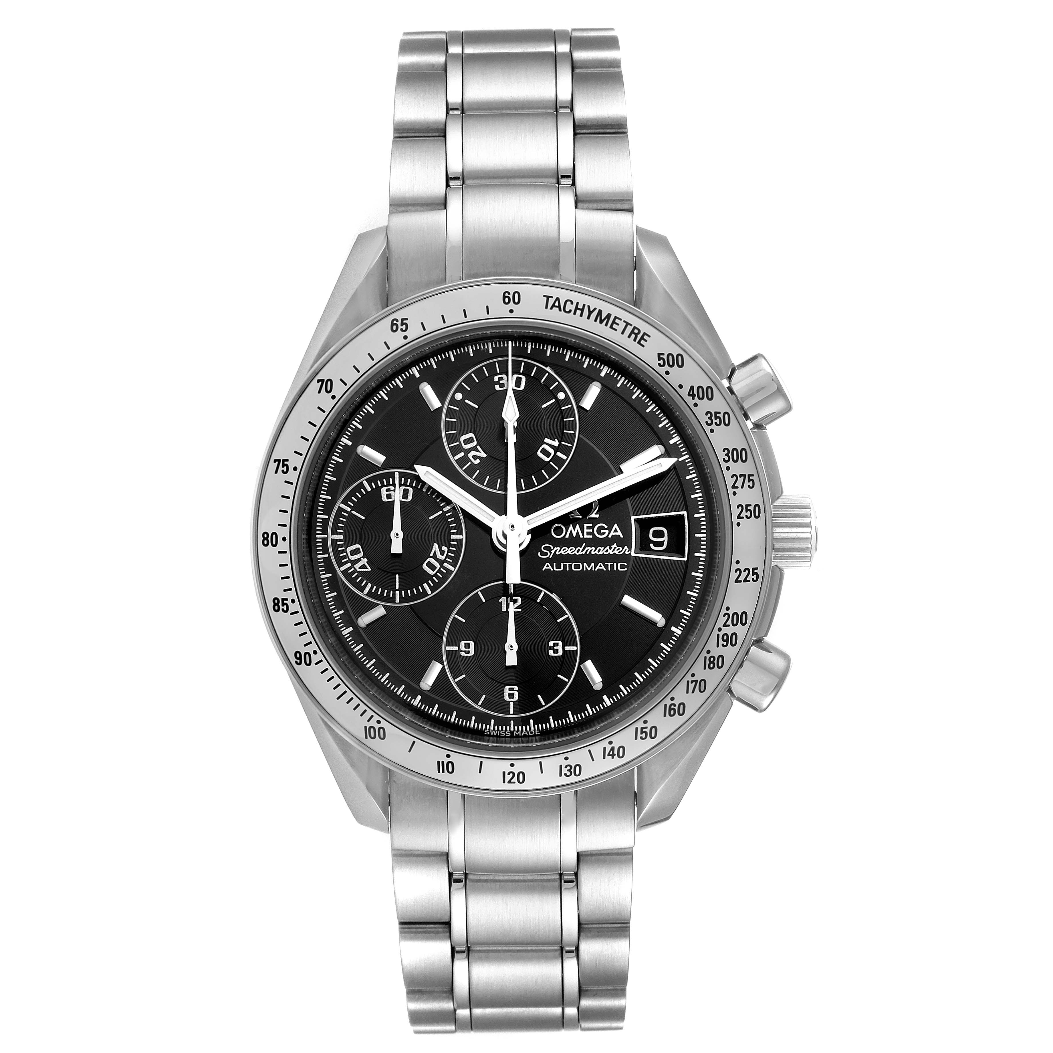 This image shows a frontal view of the Omega Speedmaster 3513.50.00 Men
s Stainless Steel Black Dial 3513.50.00 Men
s Stainless Steel Black Dial watch, highlighting its face, bezel, and steel bracelet.