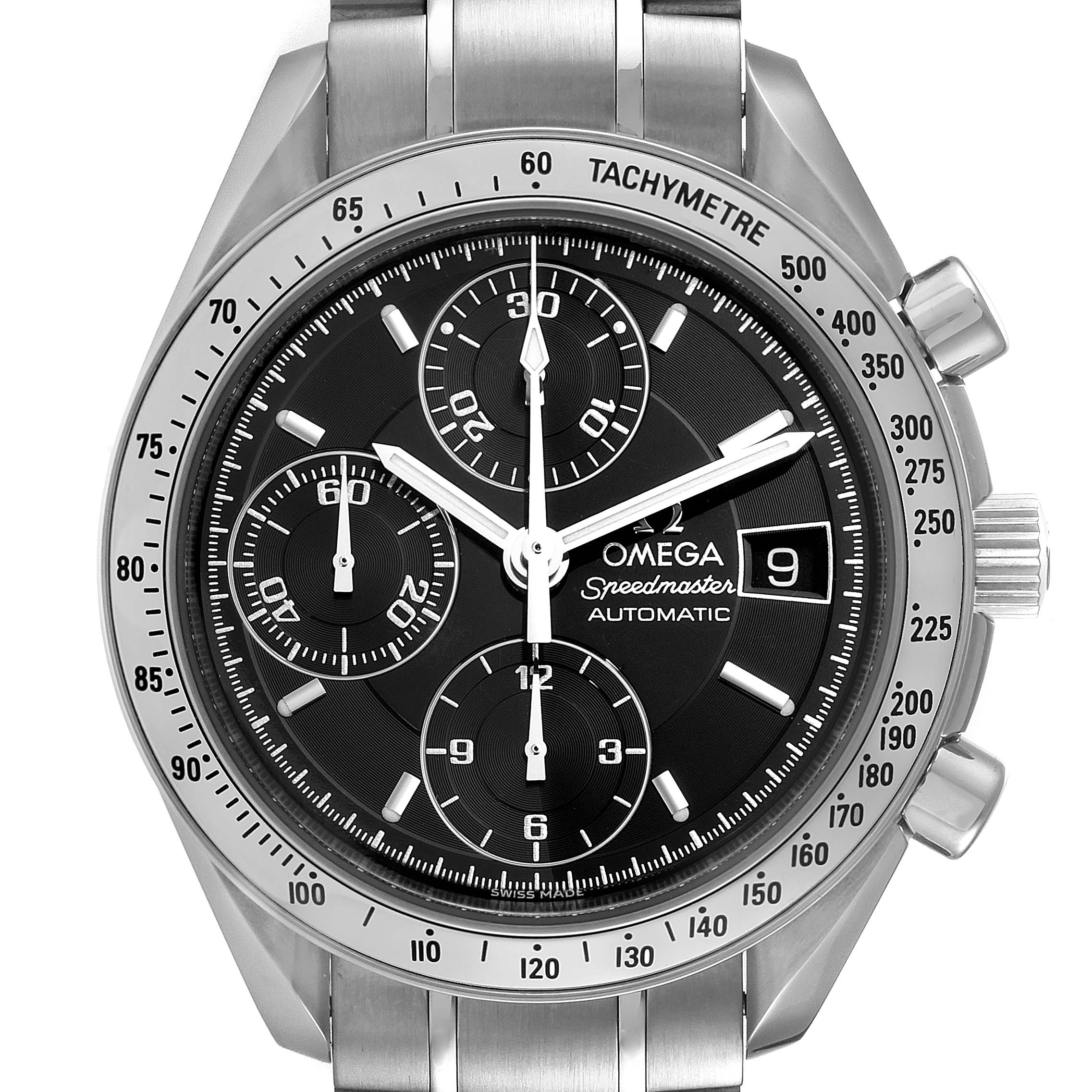 The image shows a frontal view of the Omega Speedmaster 3513.50.00 Men
s Stainless Steel Black Dial 3513.50.00 Men
s Stainless Steel Black Dial watch, displaying its face, subdials, date window, and metal bracelet.