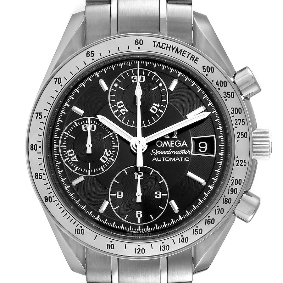 The image shows a frontal view of the Omega Speedmaster watch, displaying its face, subdials, date window, and metal bracelet.